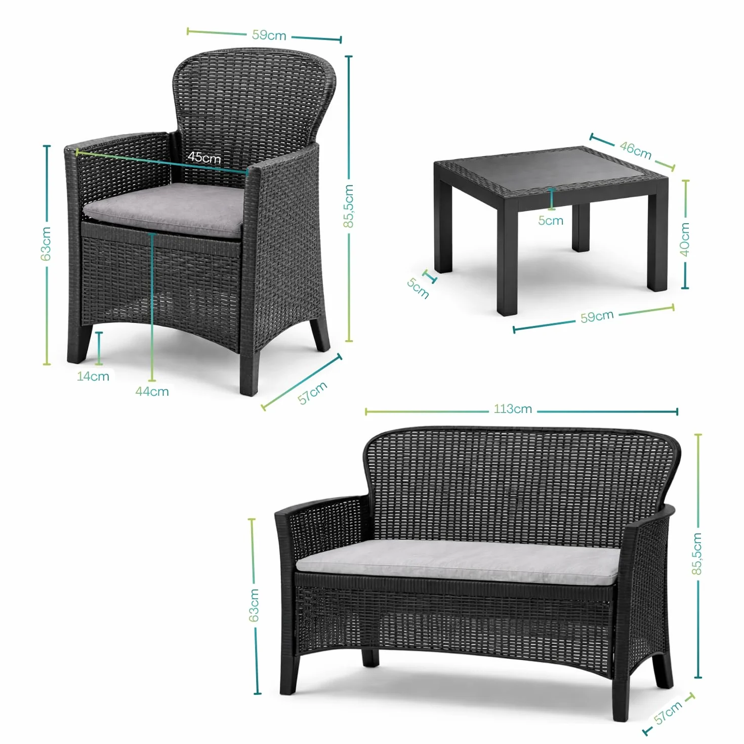 VIRSUS Set Salottino da Giardino per 4 Persone, Composto da: 2 Poltrone, 1 Divano a 2 Posti e 1 Tavolino, Cuscini per comoda Seduta, Design Rattan di colore Antracite, Interno ed Esterno -JUN6043F
