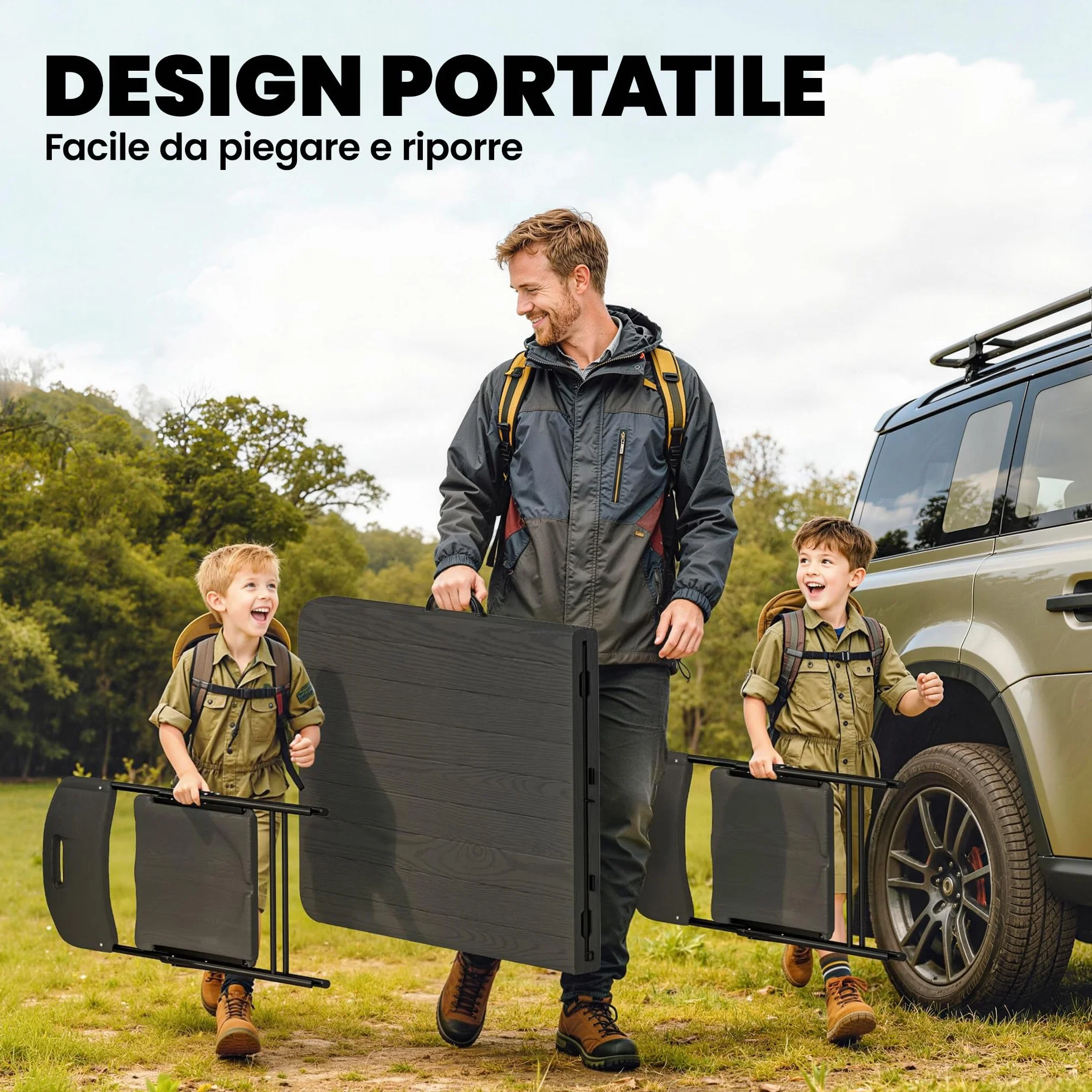 Outsunny Set Tavolo da Campeggio Pieghevole con 4 Sedie, HDPE Metall, Portatile per Picnic Esterno Giardino Nero