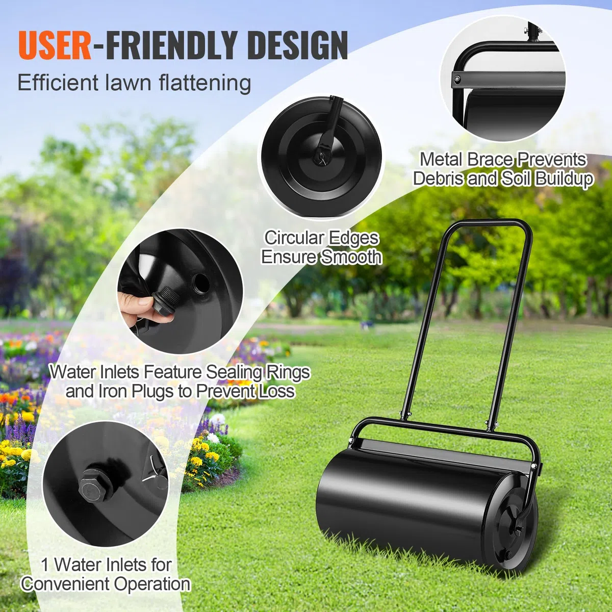 VEVOR Rullo da Giardino 46 L Acciaio Riempito Sabbia Acqua Maniglia Ergonomica