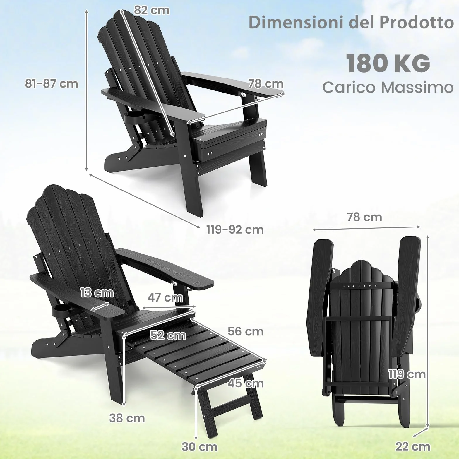 RELAX4LIFE Sedia Adirondack Esterno Pieghevole Schienale Regolabile Poggiapiedi Retrattile Portabicchiere