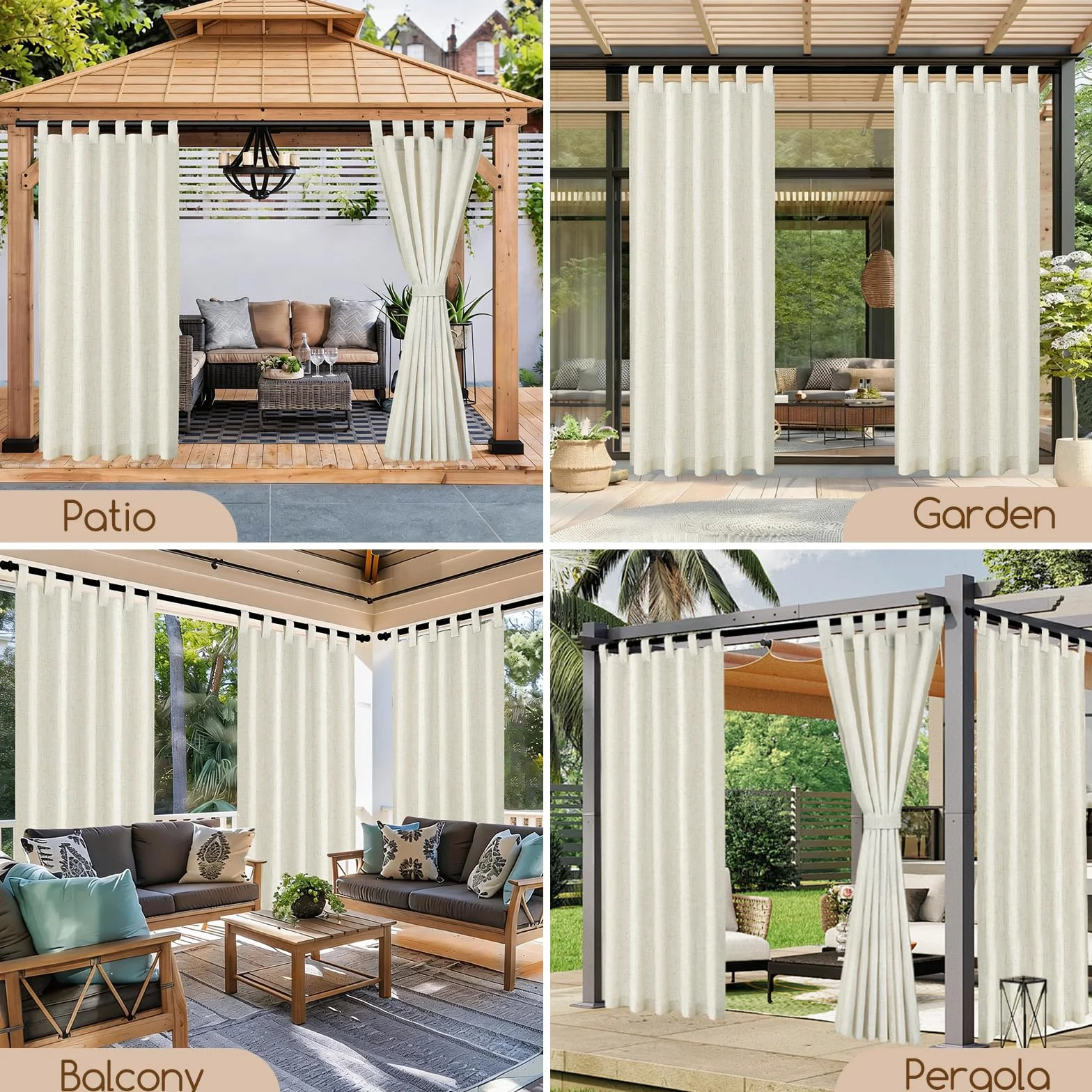Tende da Esterno, 2 Pezzi Tende per Gazebo Antipioggia con Anelli, Lino Tenda per Esterno Impermeabili, Tenda Oscurante da Esterno per Terrazzo Porta Balcone Veranda Giardino Pergola(132x215cm,Beige)