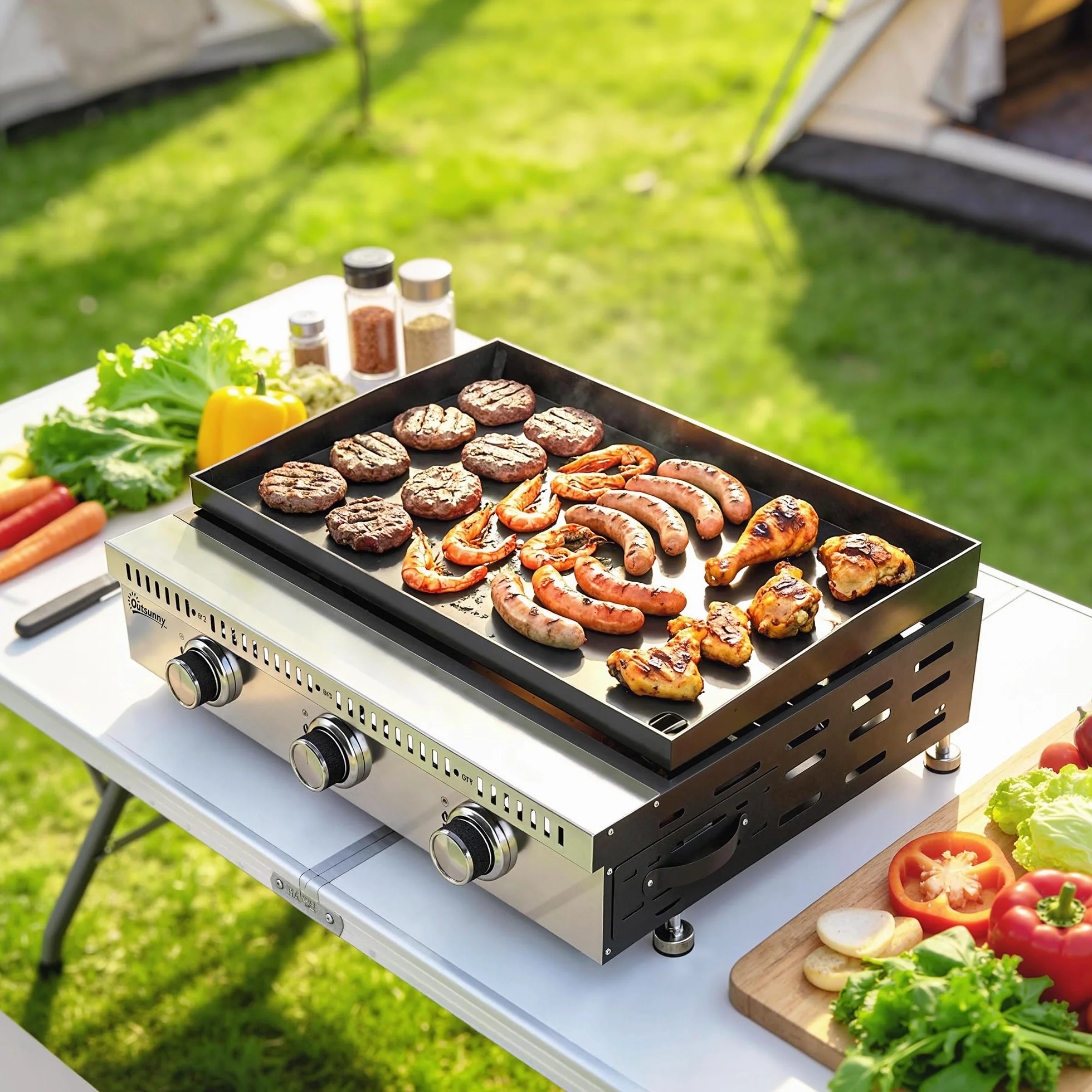 Outsunny Barbecue a Gas Portatile 3 Bruciatori 9 KW Acciaio Inox, Griglia BBQ da Tavolo con Vaschetta Raccogli Grasso, Regolatore, Nero
