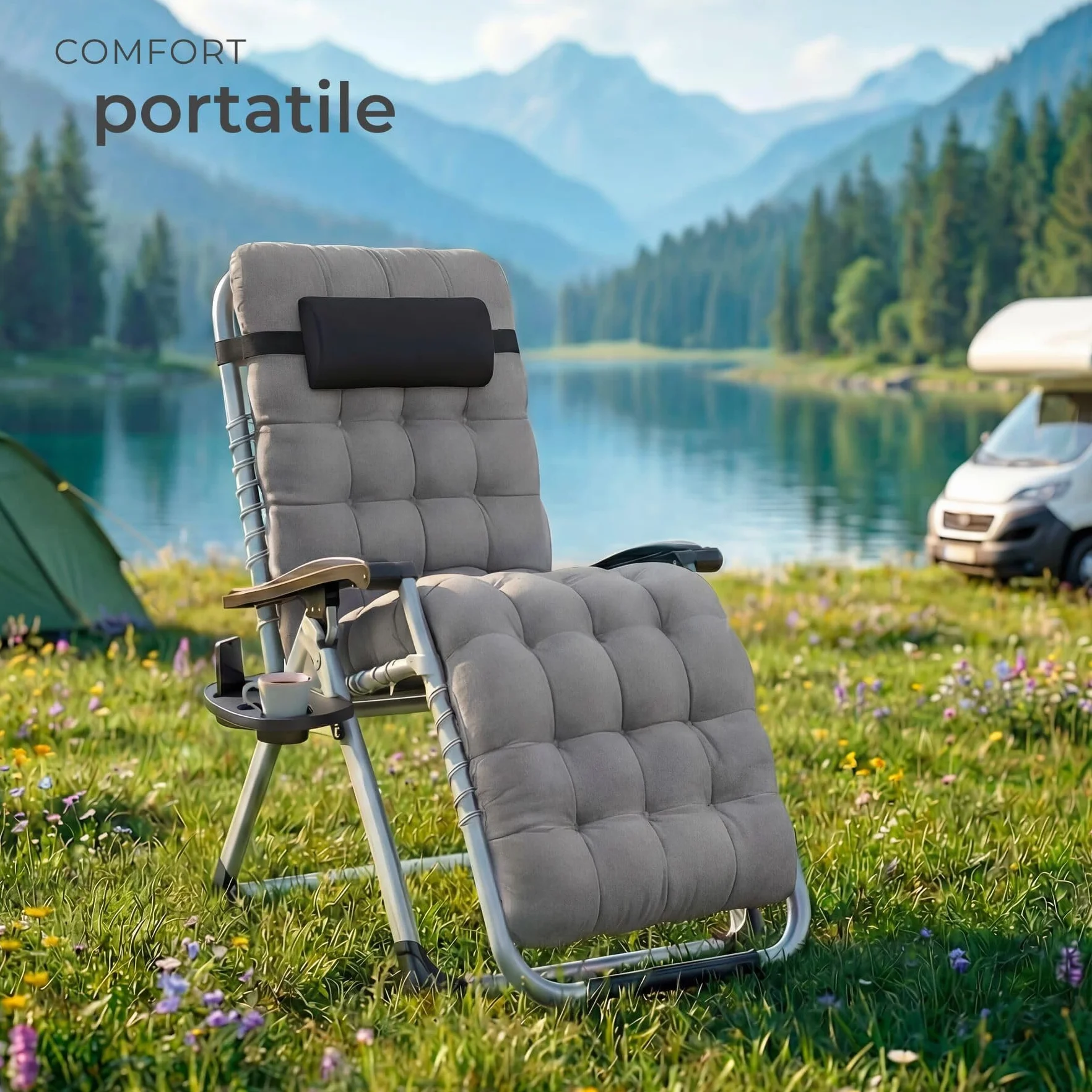 Tectake Sdraio da Giardino Lettino Prendisole Richiudibile con Cuscino Poggiatesta Grigio Chiaro