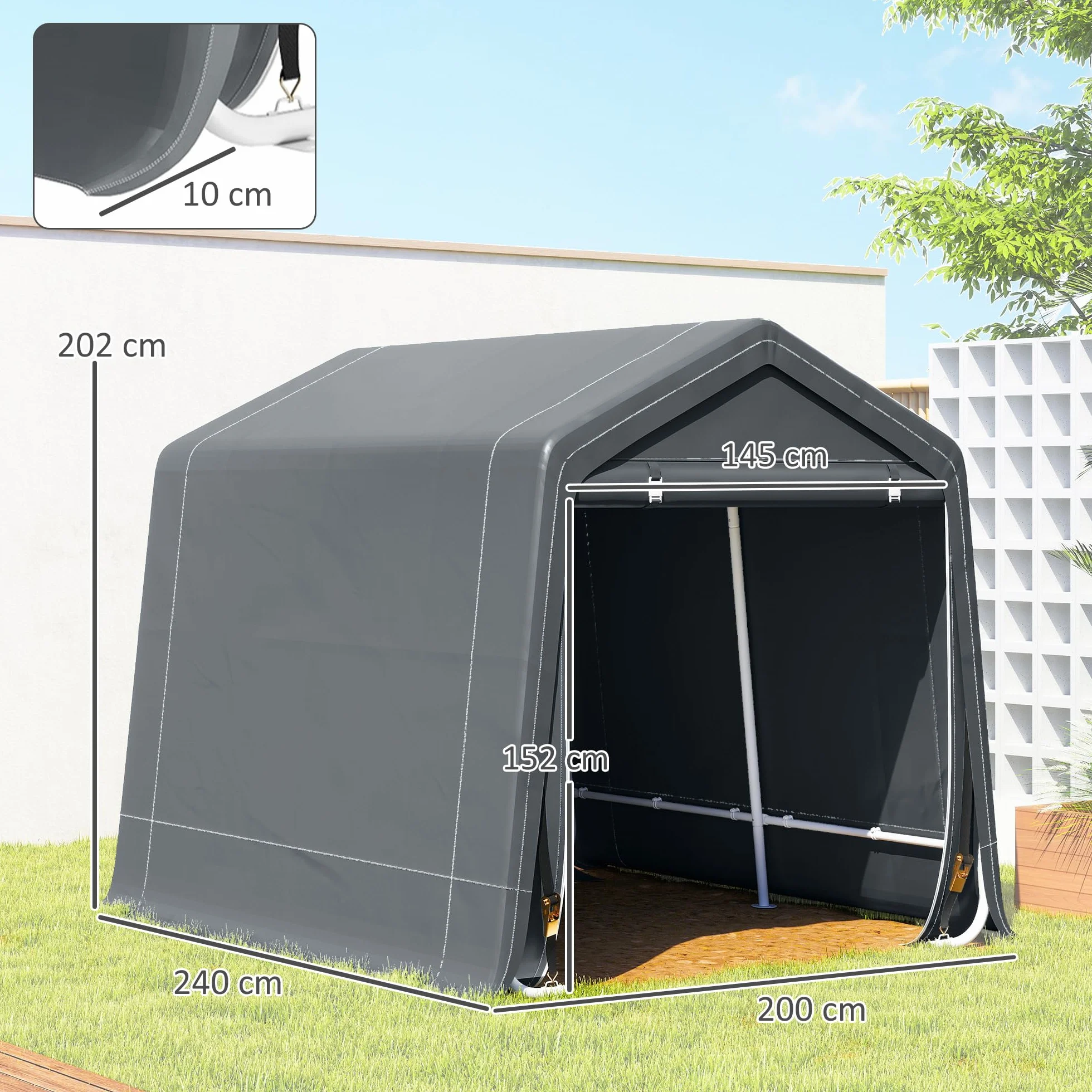 Outsunny Garage Moto per Esterno 2.4x2m, Tenda in Metallo e Tessuto PE, Grigio Scuro