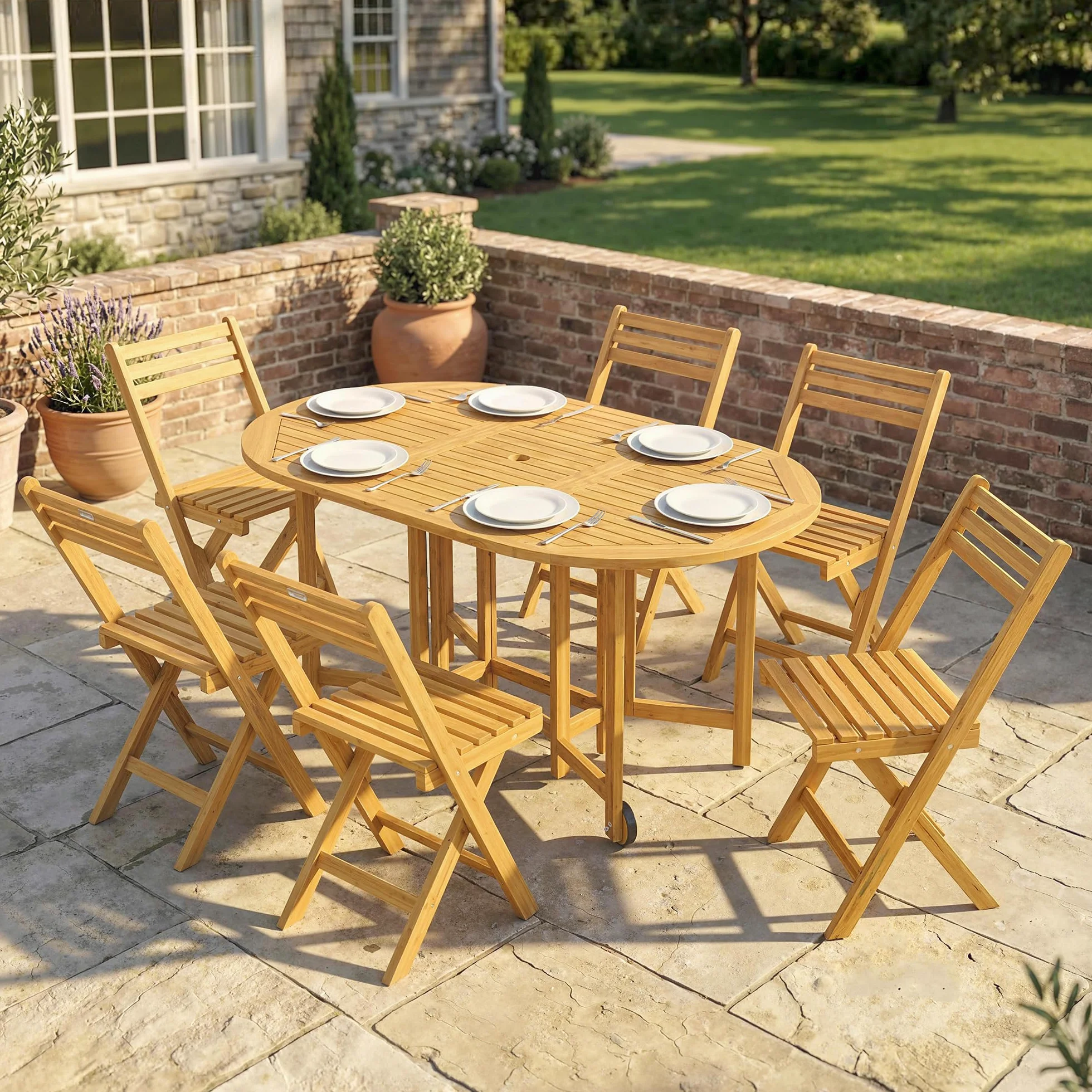 Outsunny Set Tavolo e Sedie da Giardino 7 Pezzi in Legno Acacia Pieghevole con Foro Ombrellone Ruote