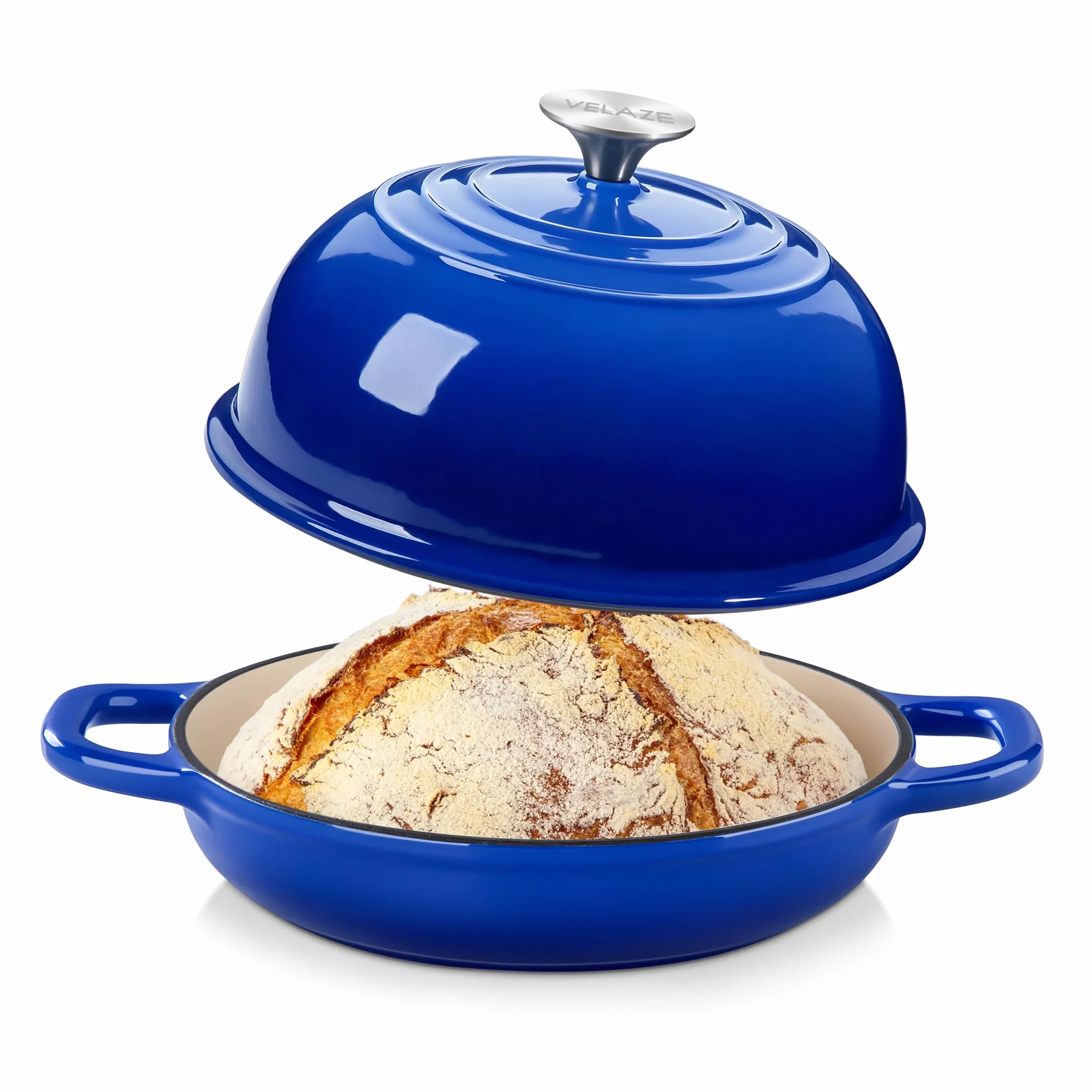 Velaze Pentola in Ghisa Smaltata 4.8L - Forno Olandese per Pane Rotondo Ø24cm con Coperchio Antiaderente, per Induzione (Blu)