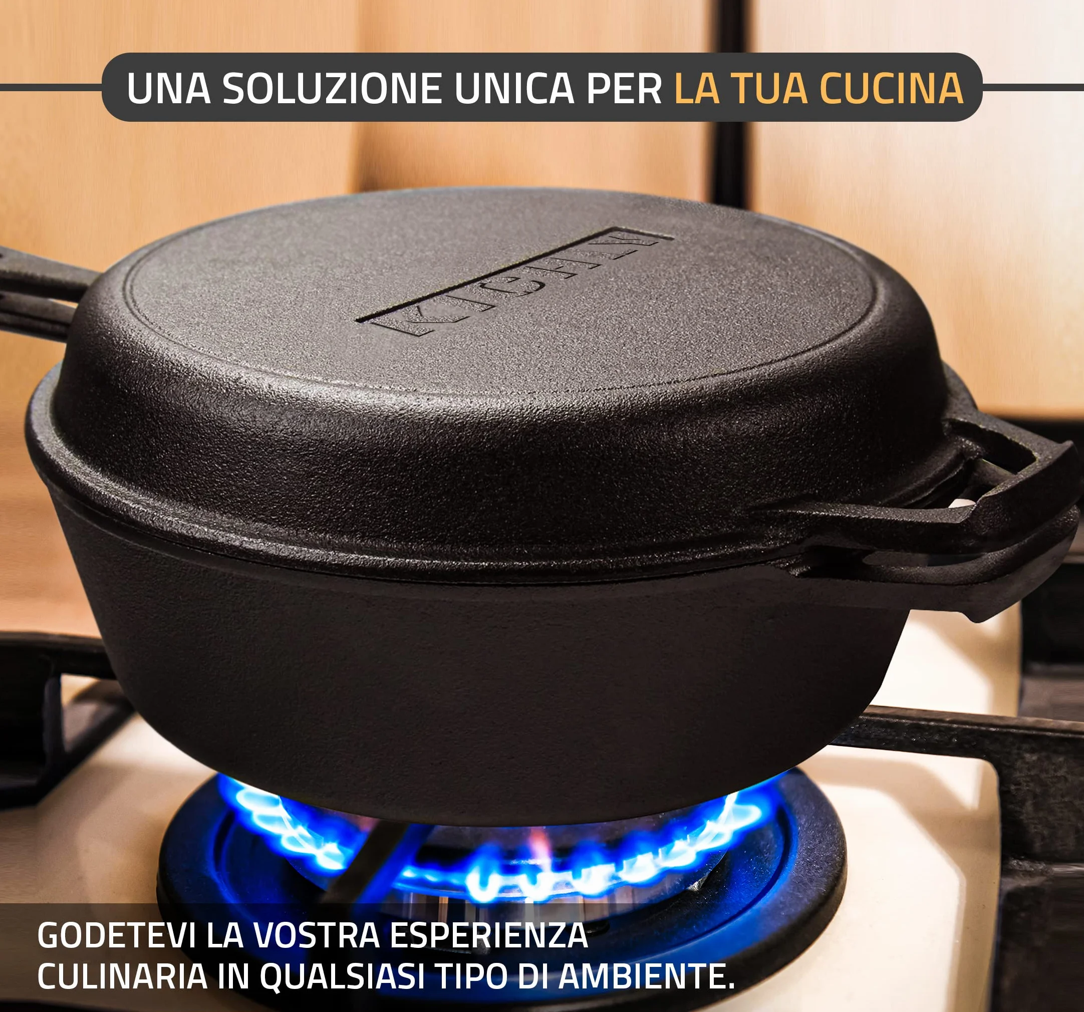 KICHLY Voorgezouten Olanda Oven Vuurpot - Grilpannen mette dubbele functie - Veilige Gietijzeren Combikoker voor Kachel, Kamperen, Binnen en en Buiten - 3L/3,2 Kwart Kookset (2 in 1)