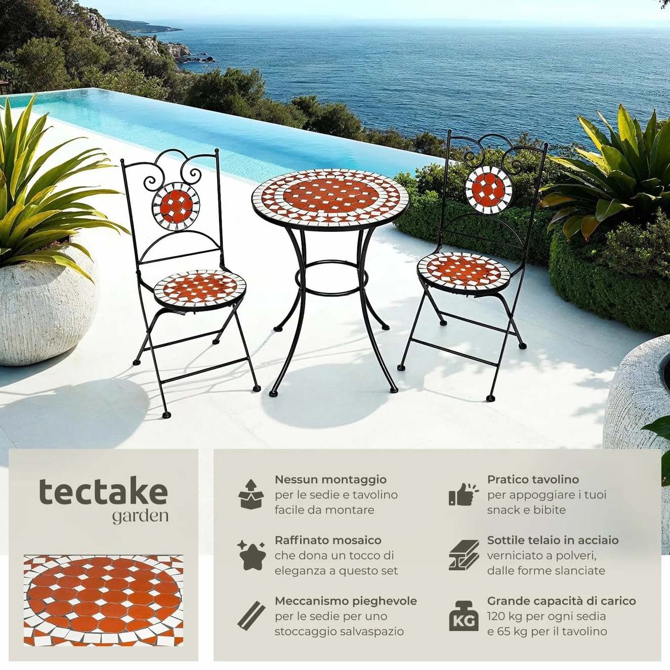 tectake Set da Giardino con Lavorazione a Mosaico, Tavolino e Sedie Pieghevoli, Telaio in Metallo, Marrone
