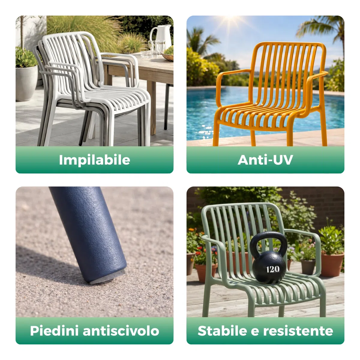 Set 6 Sedie Impilabili in Polipropilene Anti-UV per Esterno Interno, Bianco