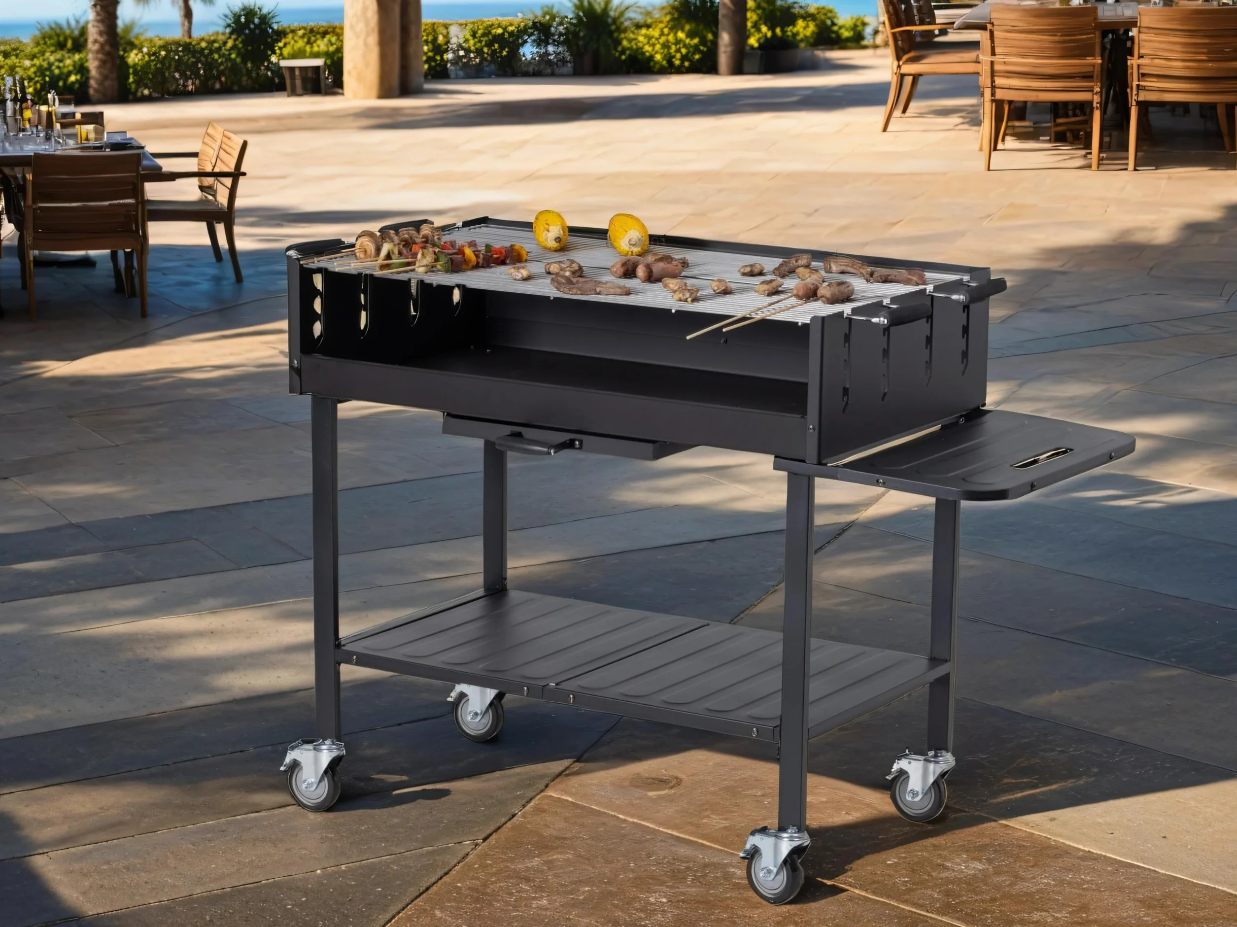METRO Professional Barbecue a Carbonella Deluxe, Acciaio Inox, 2 Griglie Regolabili, Ruote, Tavolino, Copertura, Nero