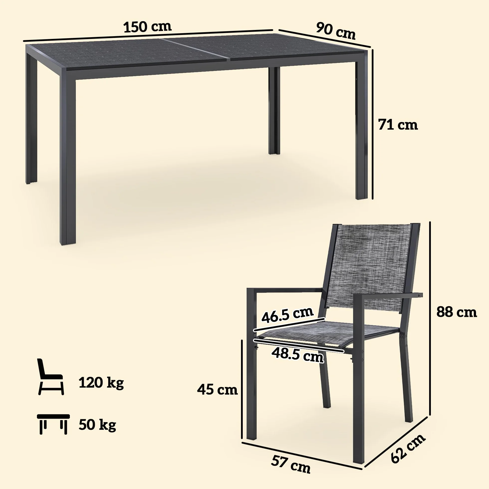 Outsunny Set Tavolo da Giardino 7 Pezzi, Pranzo con Sedie Impilabili, Acciaio Texteline Grigio Nero