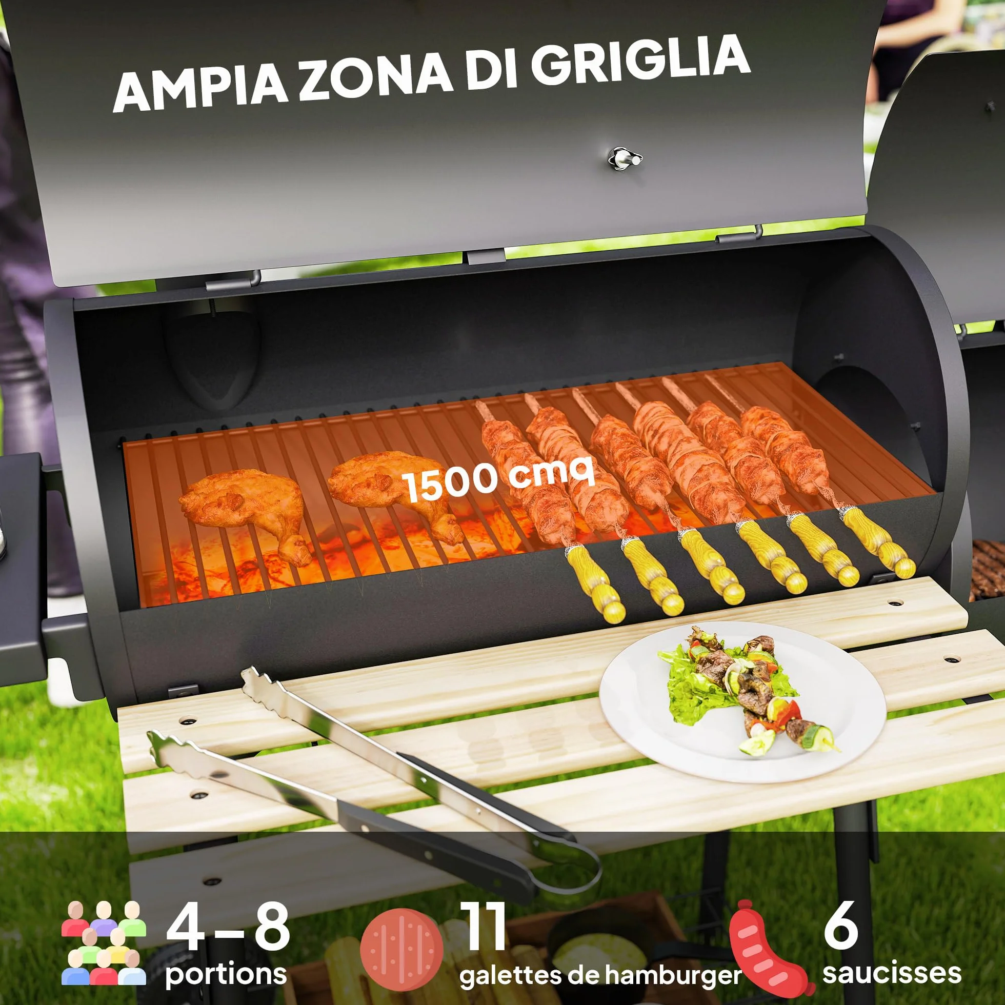 Outsunny Barbecue a Carbone con Coperchio e Affumicatore, BBQ da Giardino 124x53x104 cm Nero