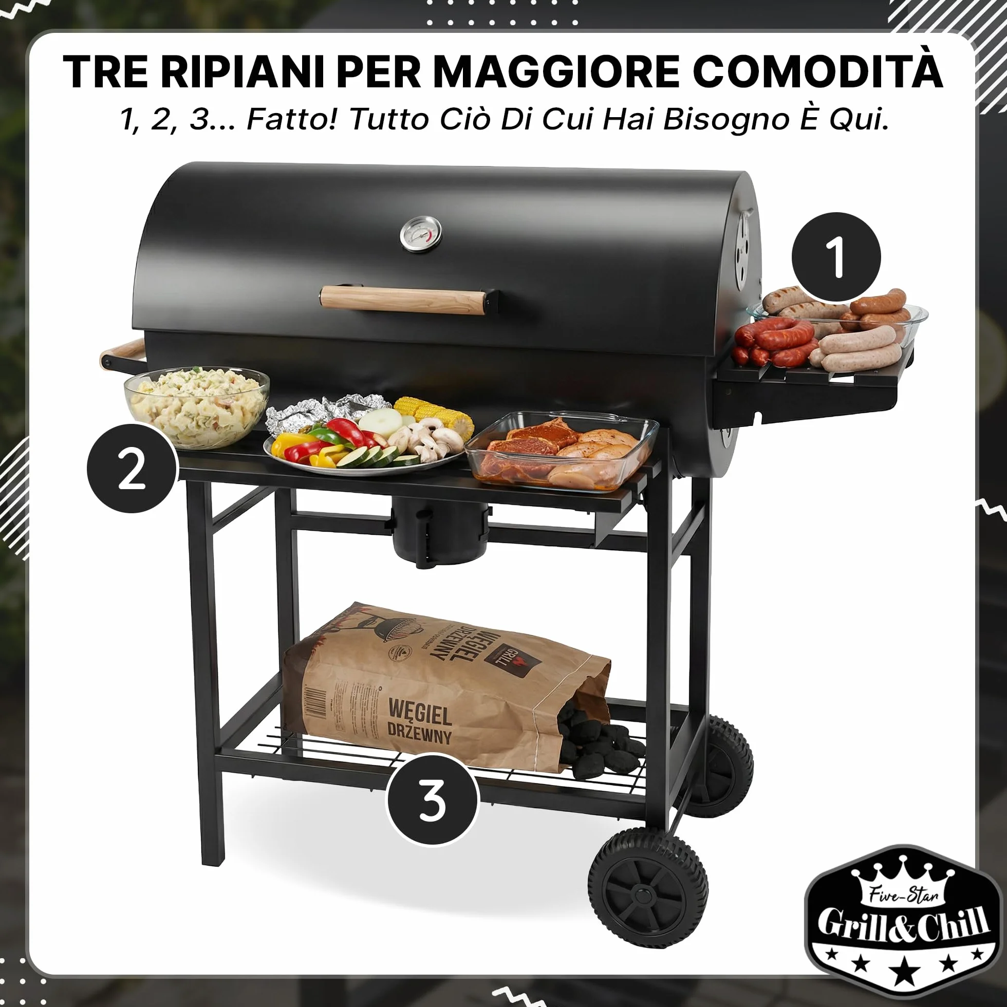 Grill & Chill Barbecue a Carbone 71×35 cm Coperchio con Termometro Acciaio Nero
