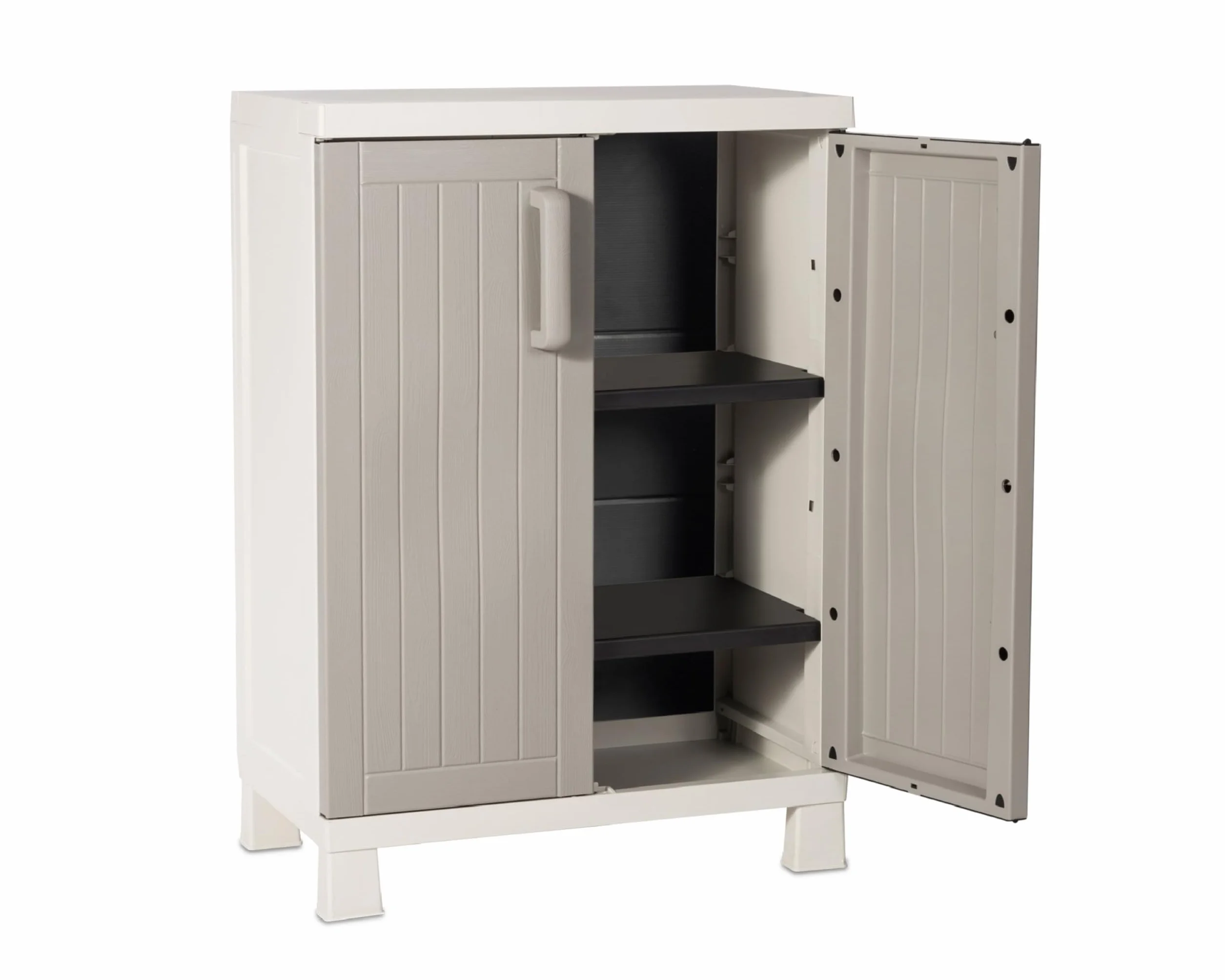 Toomax Armadio Wood Midi Basso 65x37x93h cm in plastica resistente effetto legno grigio tortora/grigio chiaro, con 2 ripiani regolabili e piedini, ideale per garage, cantine e spazi interni