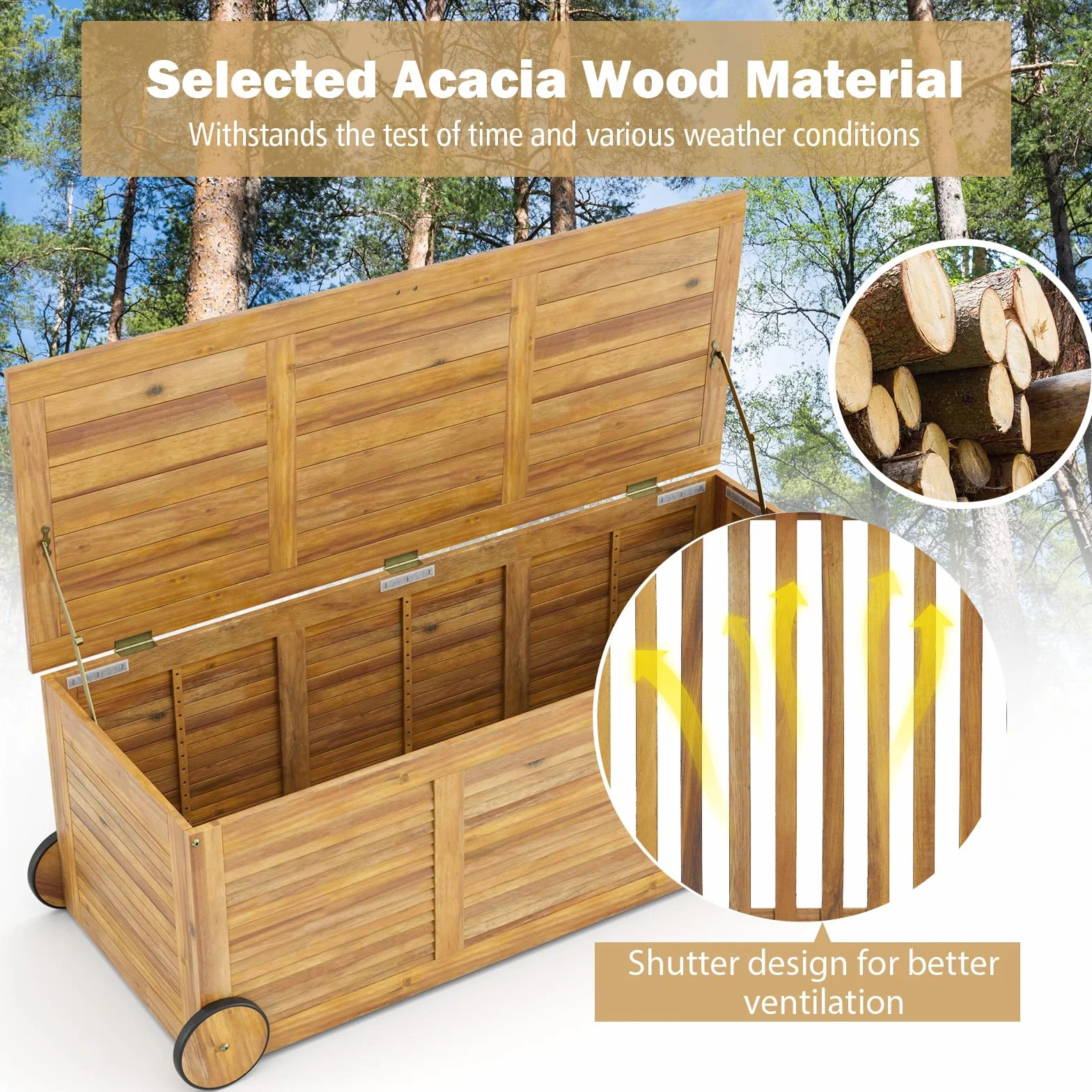 KOMFOTTEU Baule da Giardino 182 L con Ruote e Maniglie, Contenitore da Esterno con Borsa Interna Resistente all'Acqua, Cassapanca Contenitore da Interno in Legno di Acacia, 127 x 50 x 45 cm