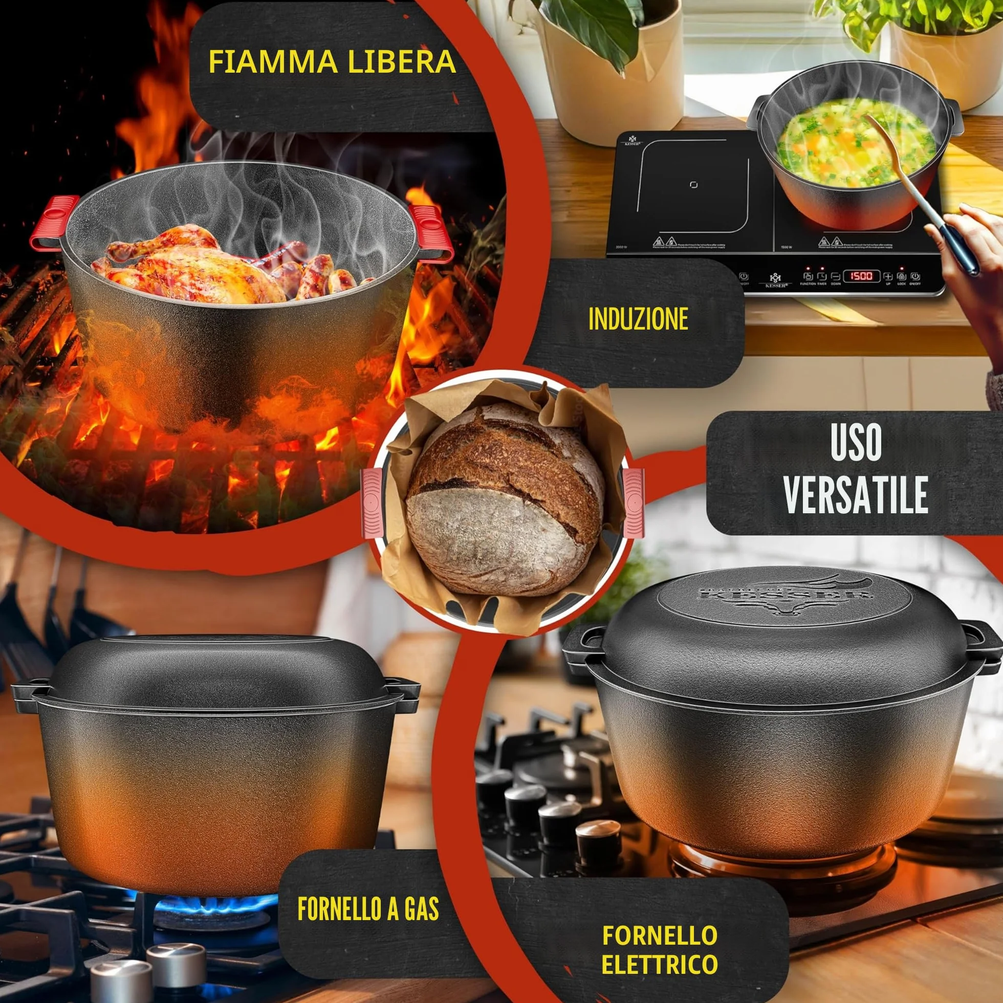 KESSER® Forno Olandese pentola in ghisa 2in1 da 4,8 l e padella da 1,8 l pronta per l'uso incl. Ricettario Casseruola Coperchio/padella a doppia funzione