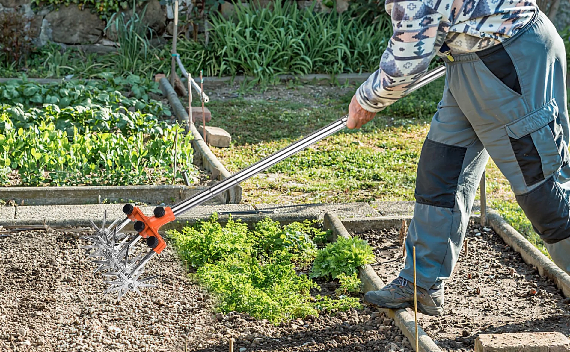 BARAYSTUS Rotary Cultivator Garden Rotary Tiller Adjustable Stainless Steel Poles Hand Tiller for Soil Mixing or Reseeding Grass Lawn Tiller Total Length 145cm