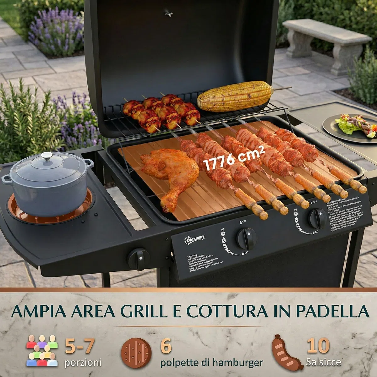 Outsunny Barbecue a Gas 7kW 2+1 Bruciatori con Coperchio, Termometro, Tavolino Laterale, Nero