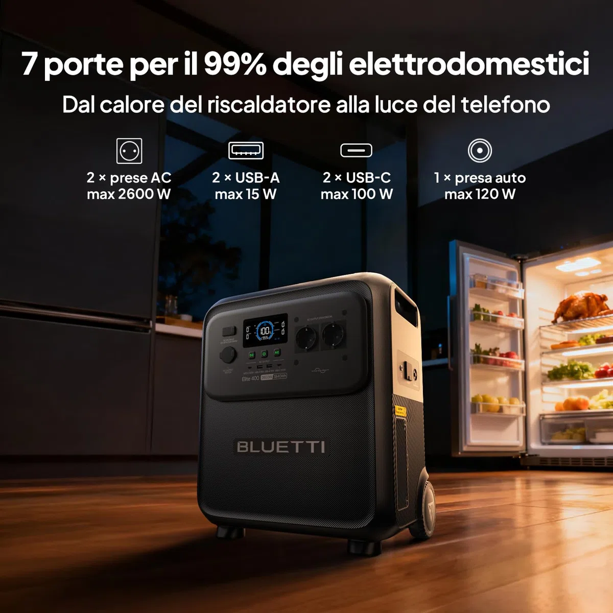 BLUETTI Elite 400 Power Station Portatile, Batteria LFP 3840Wh, 2600W AC (3900W Power Lifting), Generatore Solare ad alta capacità con ruote per backup domestico, blackout, camper e campeggio
