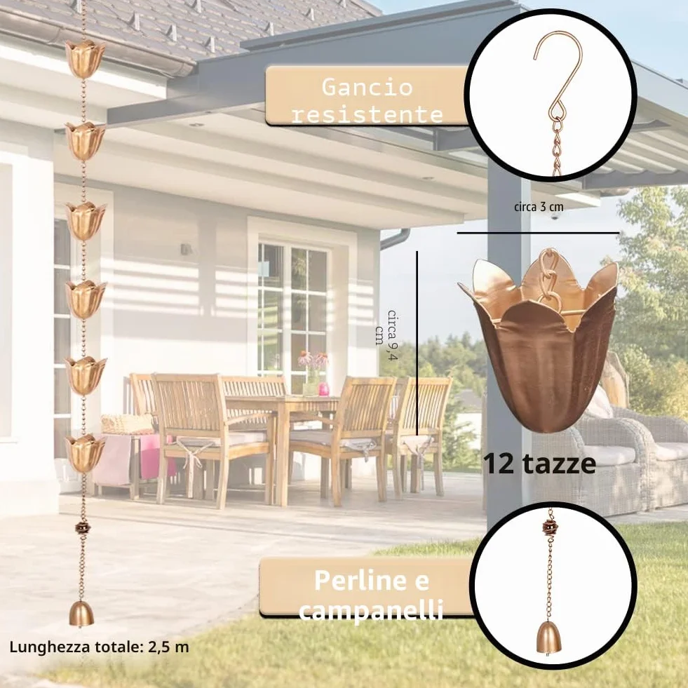 Catene da Pioggia per grondaie, Lunghezza 2,5 m, in Rame, con 12 Tazze, Accessorio Decorativo per grondaie, grondaie, drenaggio