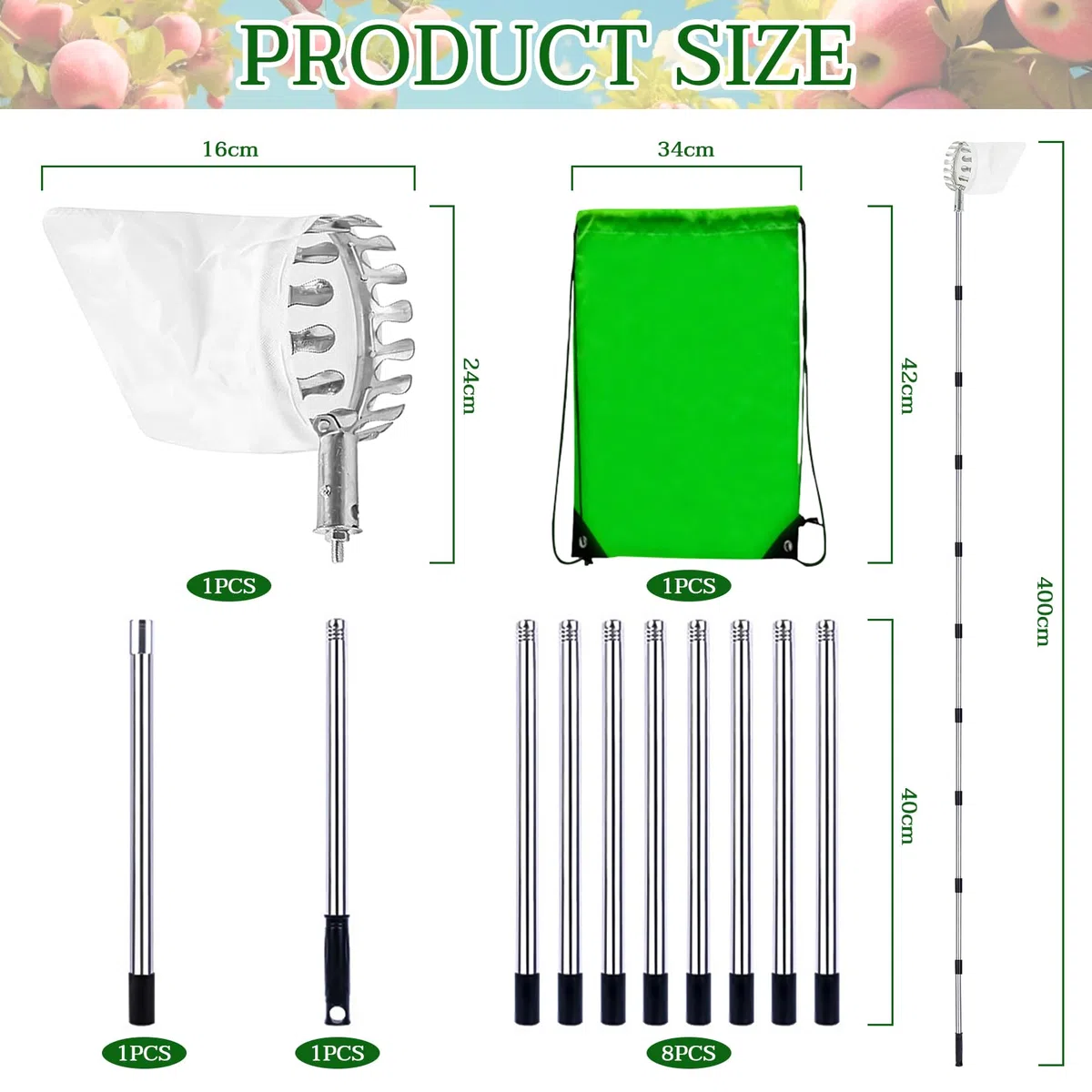 Raccogli frutta con manico telescopico, in acciaio inox, 4,2 m, raccogli mele, ciliegie, lunghezza regolabile, raccolta prugne, frutta con sacchetto di cotone