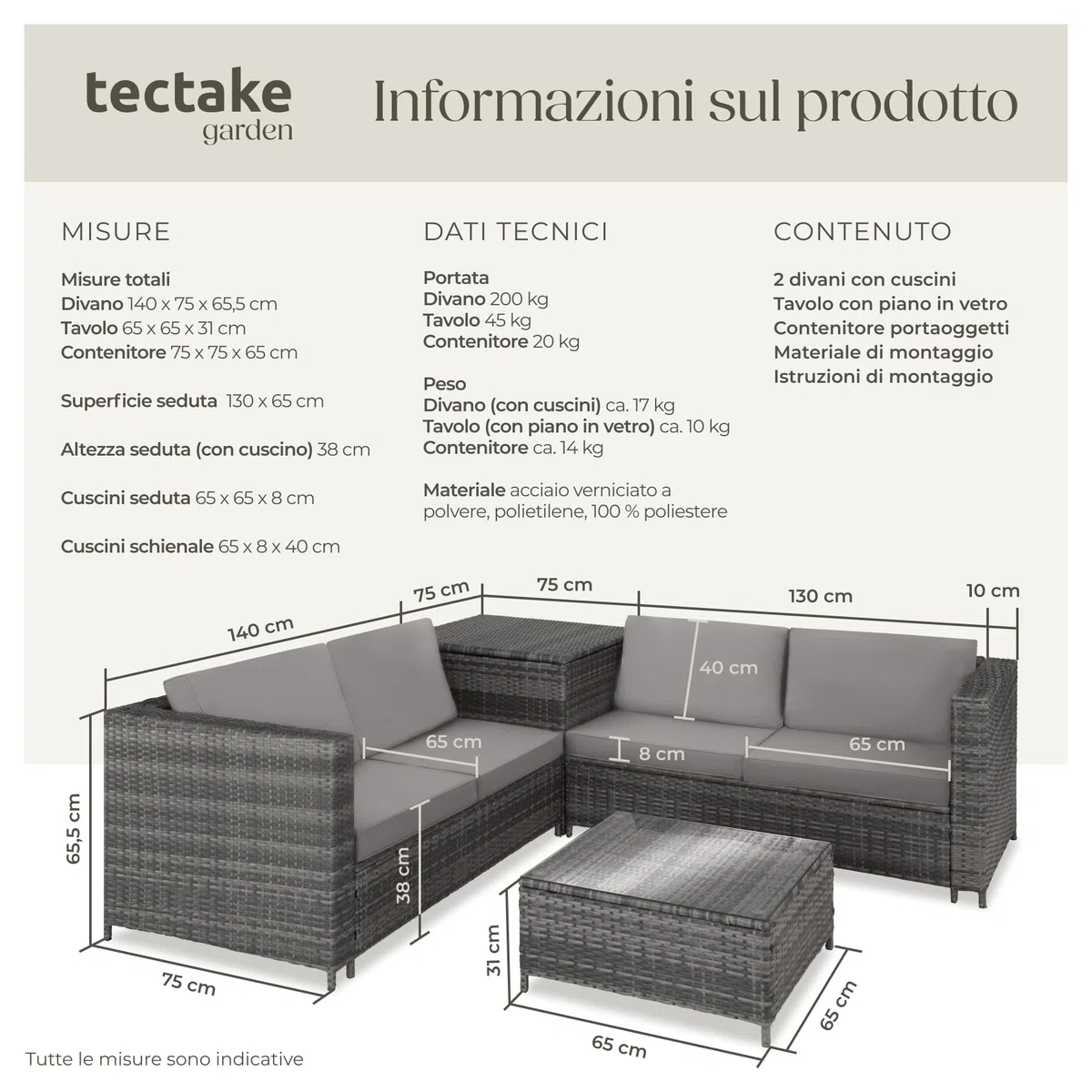 tectake® Salottino in Rattan, 2 Divani per Esterno con Cuscini, 1 Tavolo con Piano in Vetro, 1 Contenitore di Custodia, Salotto da Giardino Esterno, Salottino da Esterno - Grigio/Grigio Chiaro