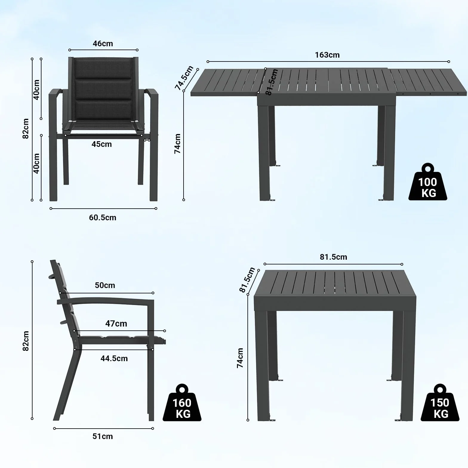 JUMMICO Set Tavolo e Sedie Da Giardino In Alluminio, 6 Sedie Impilabili e Tavolo Allungabile 80-160CM, Set Da Giardino Esterno