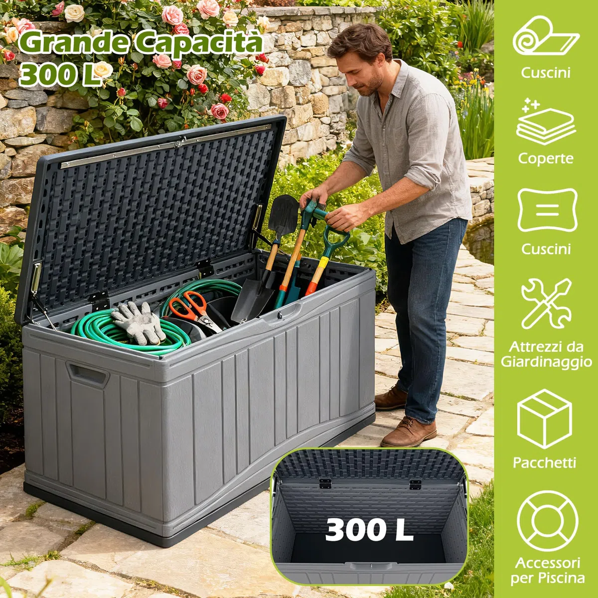 COSTWAY Baule da Esterno 300L Impermeabile in Resina, Cassapanca Contenitore da Esterno con Pistoni a Gas, Predisposizione per Serratura e 2 Maniglie Laterali, Resistente, 114 x 55 x 61 cm (Grigio)