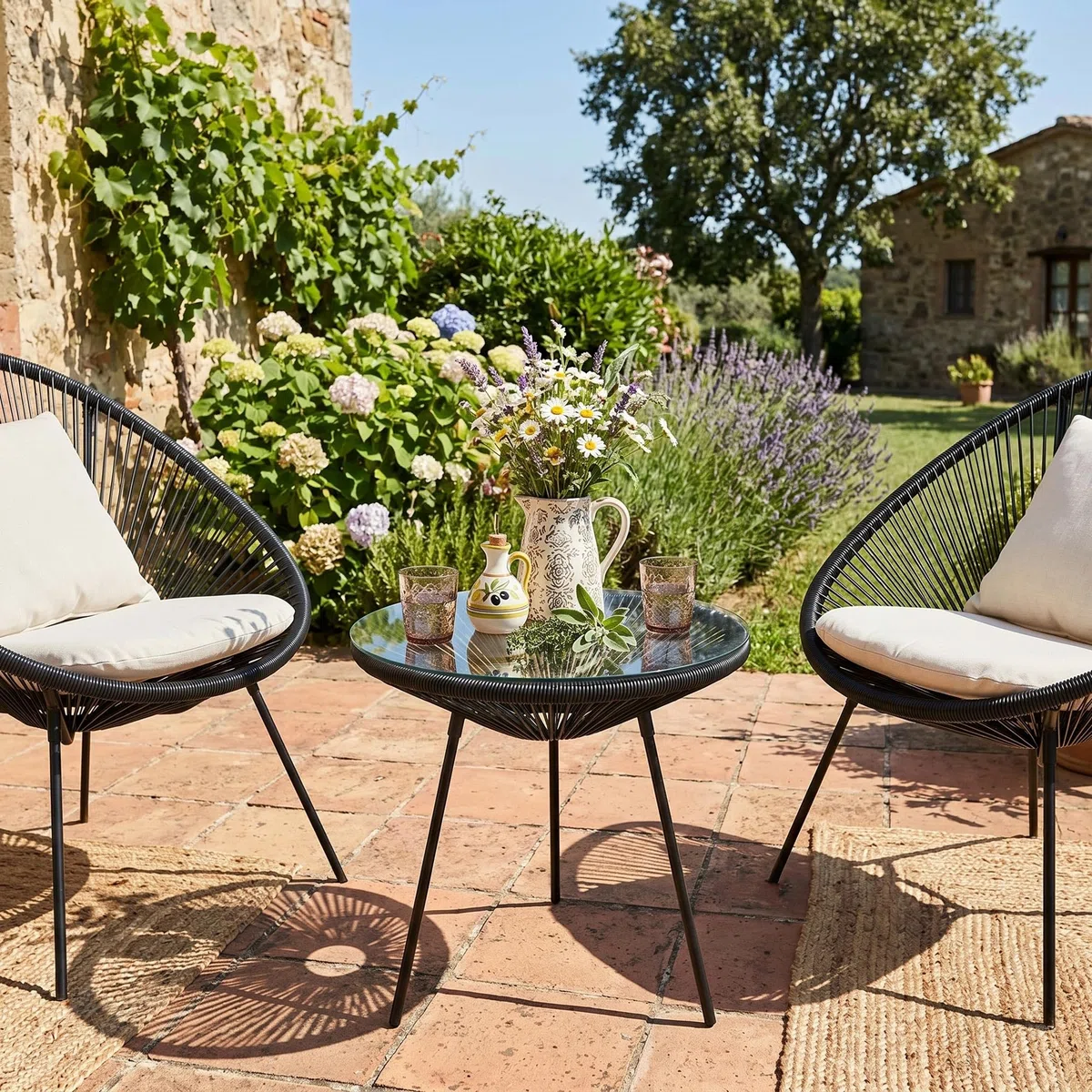 SPRINGOS Set Mobili Giardino Acapulco 2 Sedie & Tavolino Rotondo 50 cm Nero, Rattan PE Metallo Vetro Temperato, Resistente a UV e Intemperie, Design Moderno per Terrazza e Balcone, Montaggio Facile
