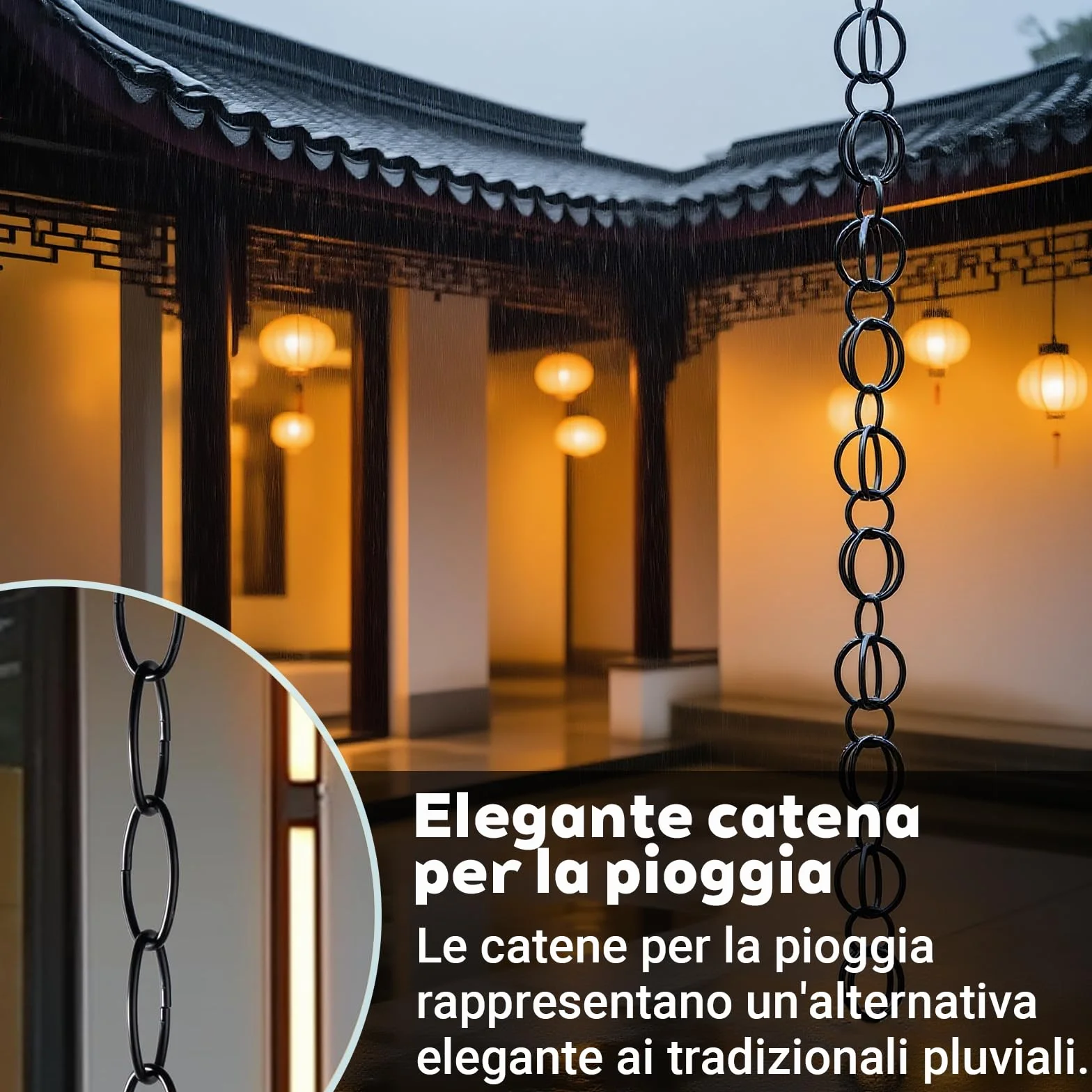 Catena per Pioggia Esterna, Adattatore per Grondaie in Alluminio Nero, con Funzione di Drenaggio e Decorazione PluvialeNero(4m)