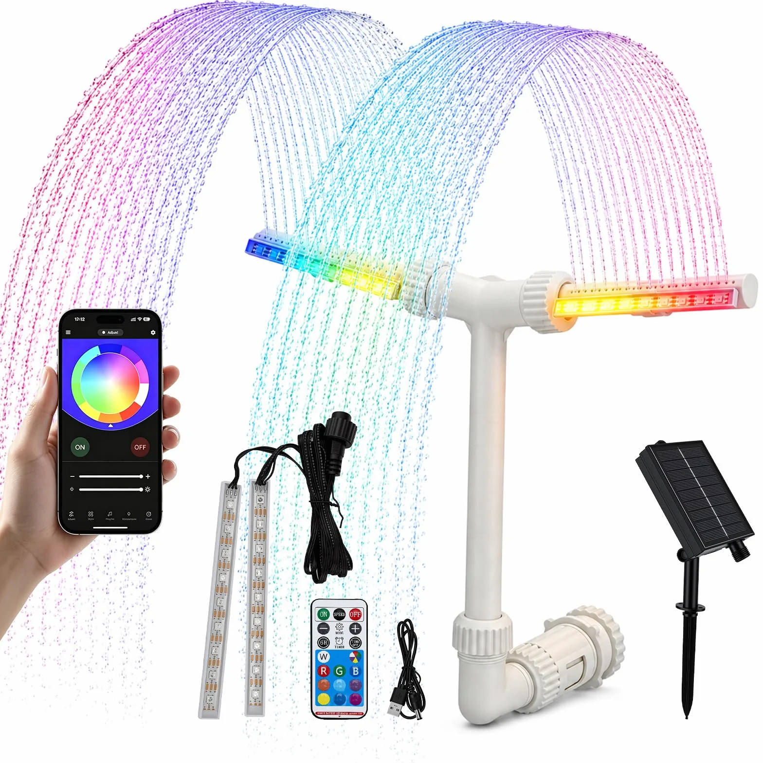 Fontana di Piscina, Fontana Solare a Doppia Testa con Illuminazione RGB, 11 Colori, Controllo APP e Telecomando, 6 Modalità di Illuminazione, Jet Regolabile 0,5-3 m, Per Piscine Fuori Terra e Sepolte
