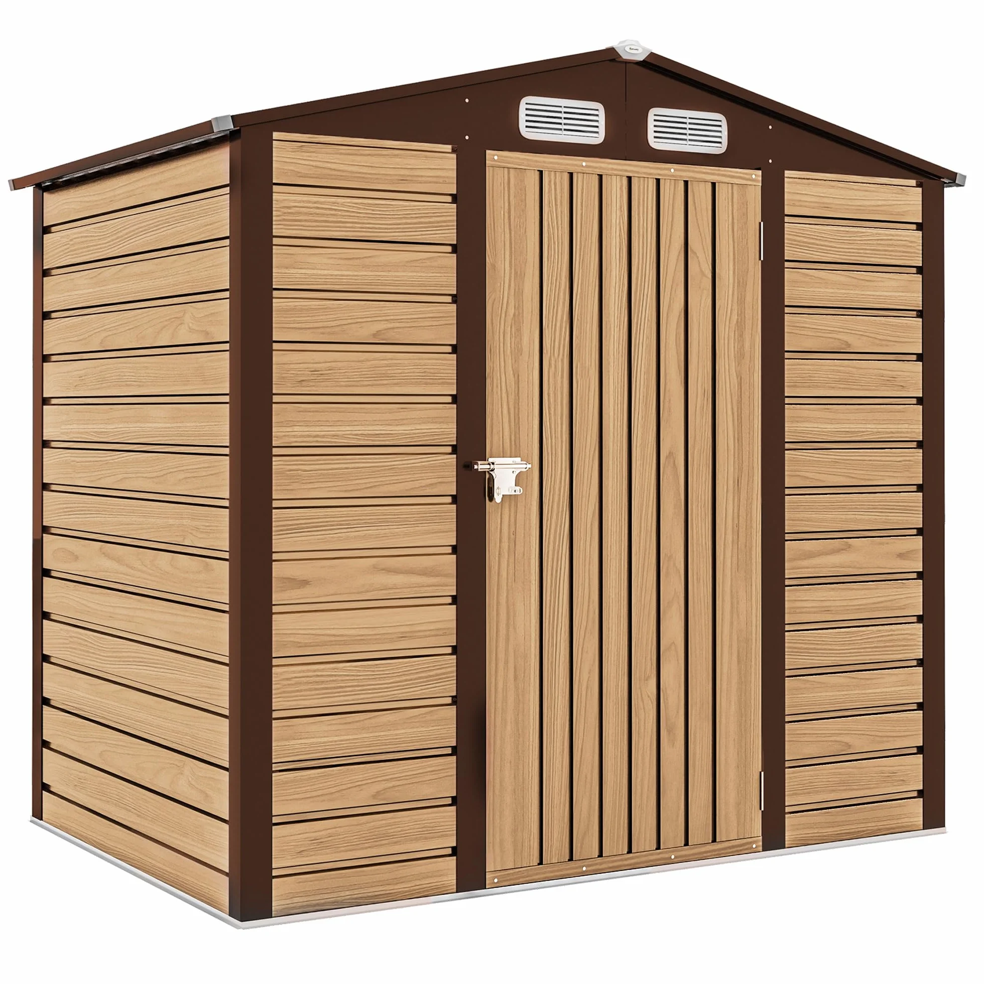 Outsunny Casetta da Giardino 1.9x1.3 m Acciaio Capanno Porta Attrezzi Lamiera Prese d'Aria Catenaccio Quercia