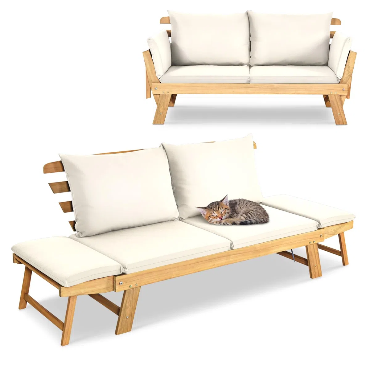 GIANTEX Divano Esterno da Giardino 2 Posti con Cuscino，Set da Giardino in Legno Certificato FSC®，Sdraio da Giardino Pieghevole da 2 Persone,153/194 x 72 x 76 cm，Beige/Grigio