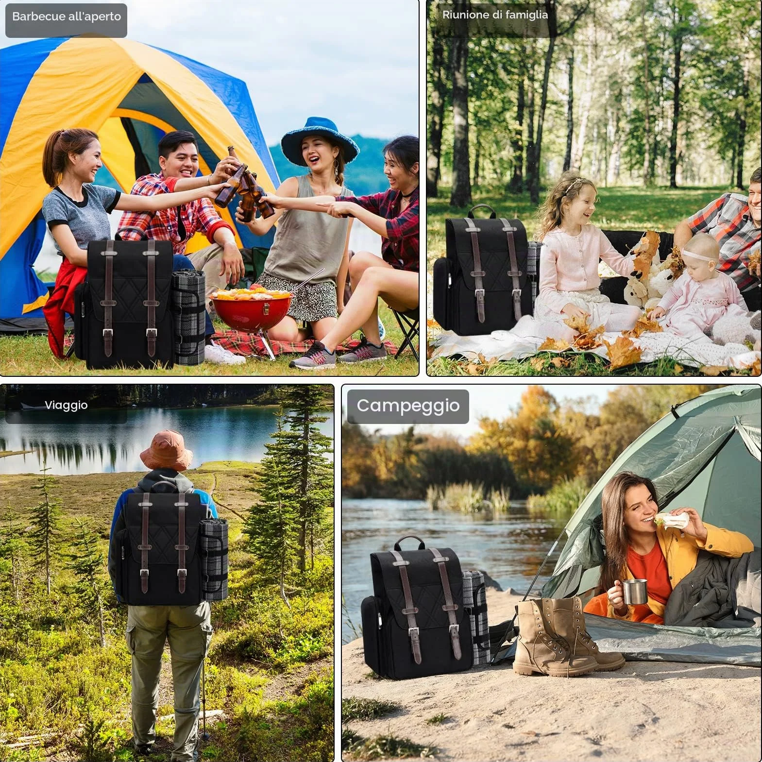 Zaino da picnic per 4 persone con grande borsa termica isolata, cestino da picnic con sacchetto di vino, coperta da picnic impermeabile e set di posate. Perfetto per spiaggia, festa, regalo di nozze