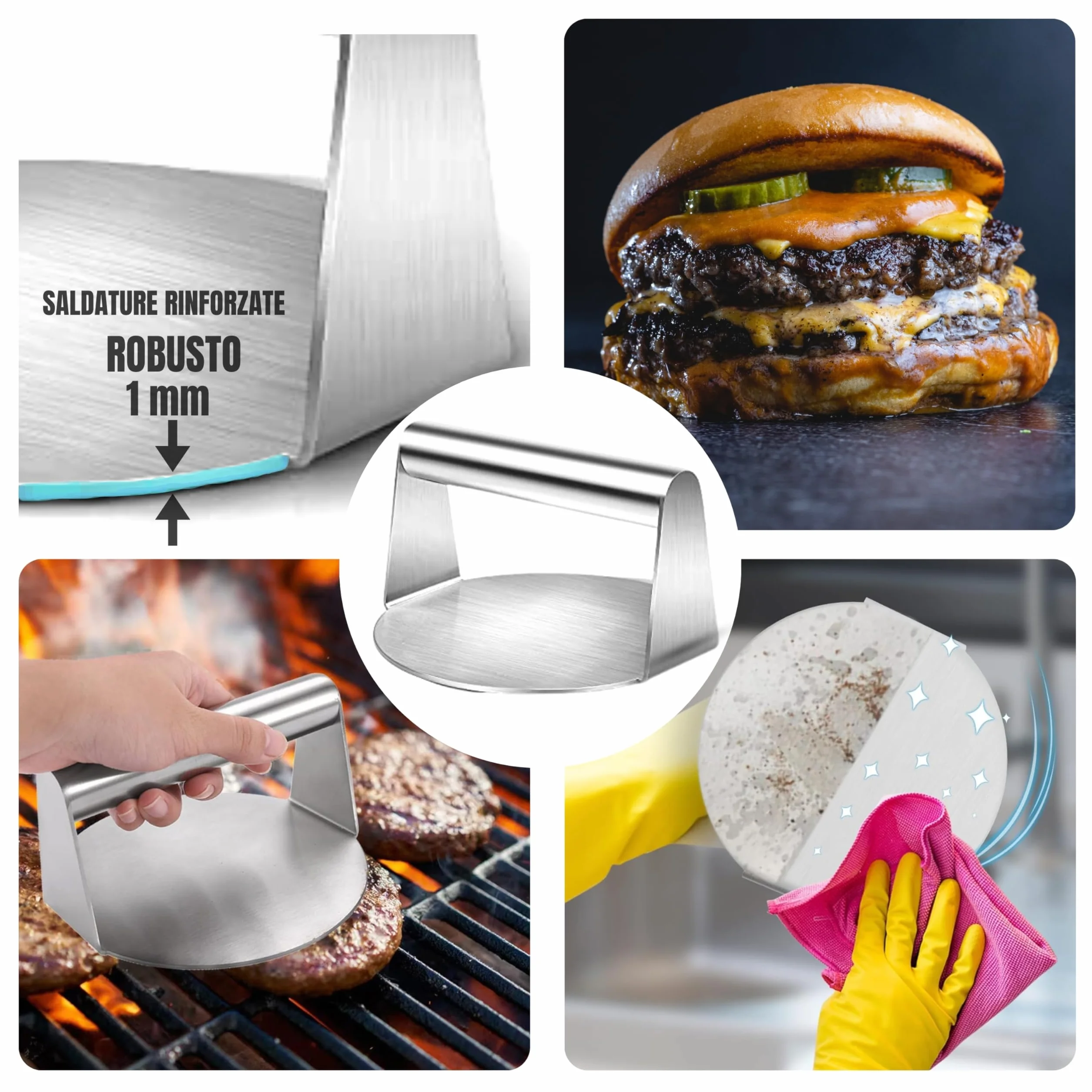 Kit Smash Burger 6 Pezzi Nero – Pressa Hamburger, 2 Spatole Inox, 2 Cloche per Formaggio e Spiedino