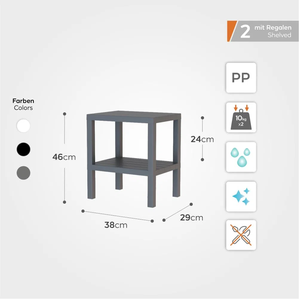 sugodesign OMBEG Tavolino multiuso a 2 ripiani, comodino, rettangolare, in plastica impermeabile, portata 10 kg per ripiano, per bagno, cucina, balcone, camera da letto (bianco)