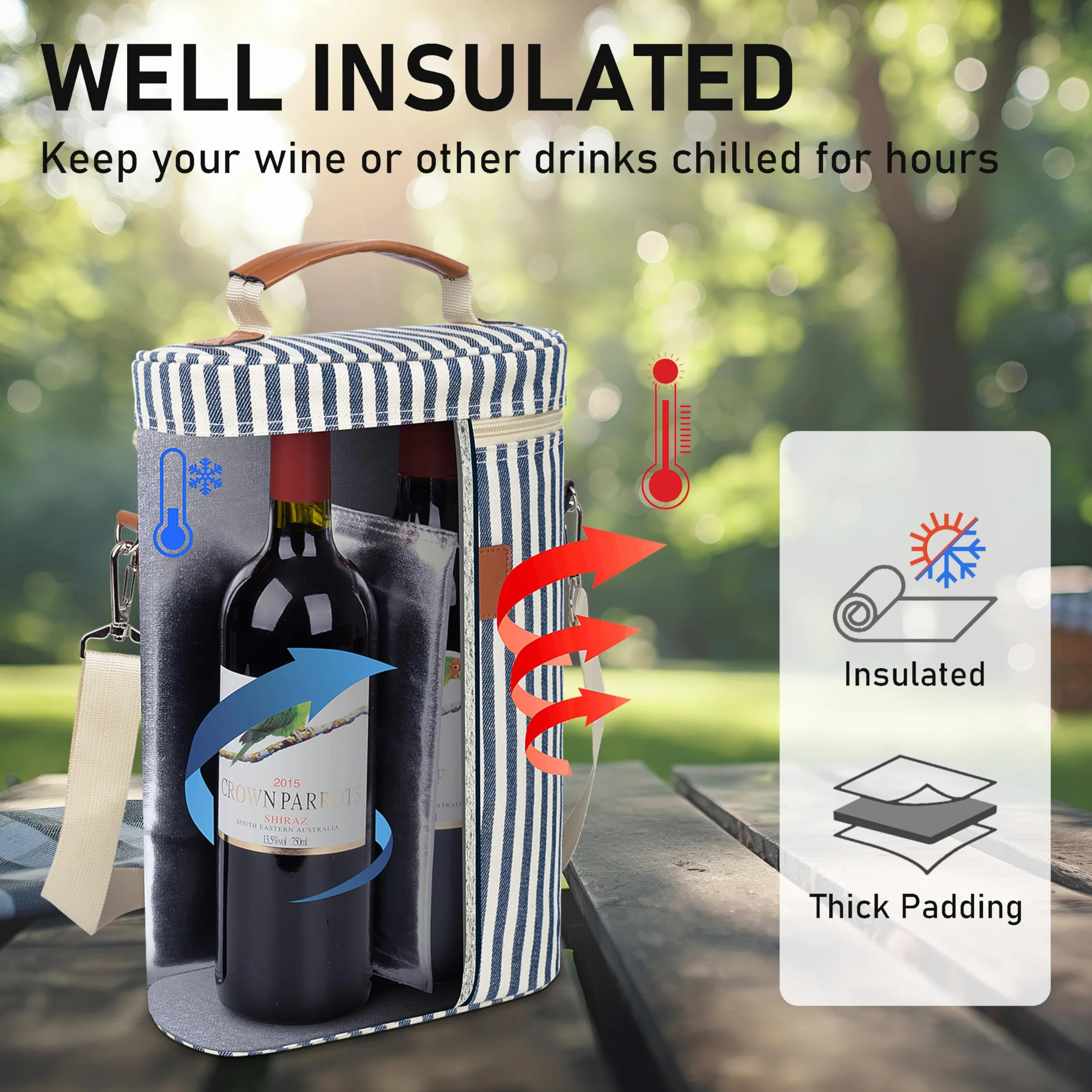 Kato Tirrinia Borsa termica imbottita per vino, trasportare 4 bottiglie di champagne/vino e mantenerle al fresco, con manico e tracolla, ottimo regalo per gli amanti del vino, Porta per 4 bottiglie
