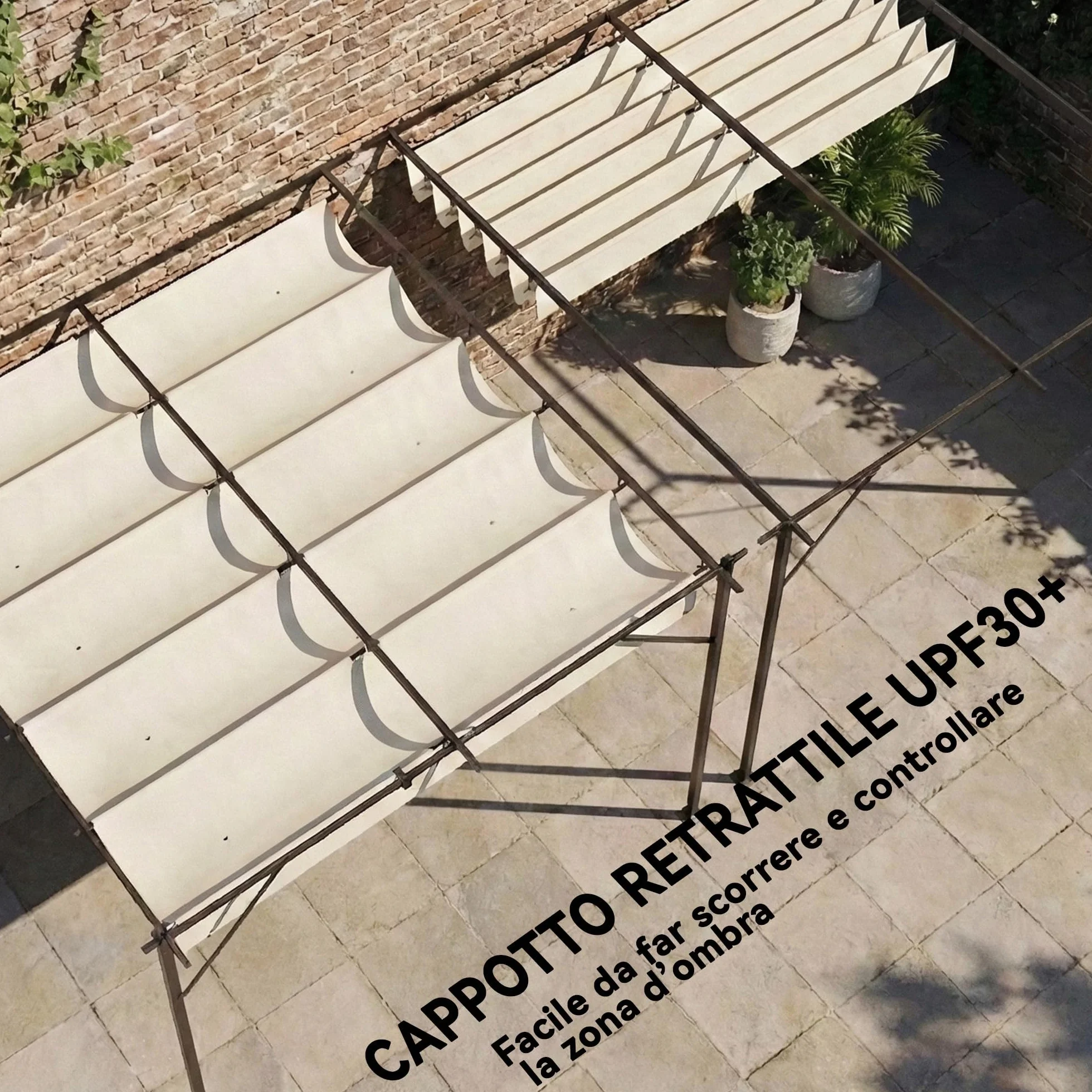 Outsunny Gazebo Pergola Addossata 3x3 m Tetto Retrattile Scorrevole Fori Drenaggio Pergolato Giardino Poliestere Acciaio Patio Terrazzo Esterno UV30+ Bianco Crema