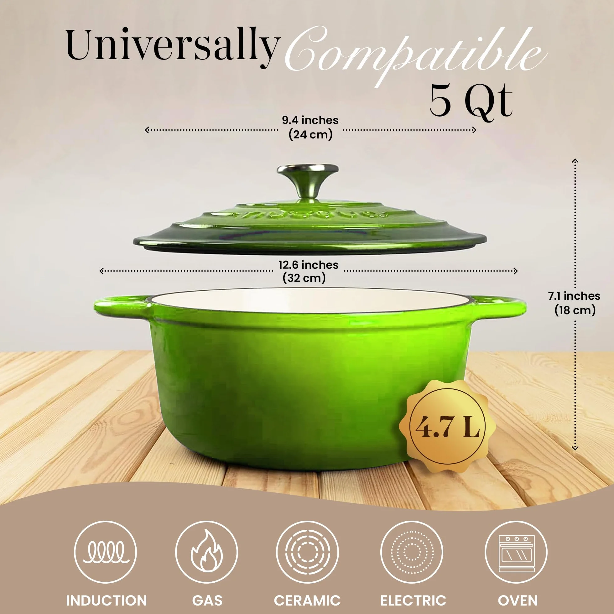Casseruola in Ghisa Smaltata, Pentola Olandese Antiaderente con Coperchio, Induzione/Gas/Forno, Cottura Omogenea – 4.7 Liter 28cm Verde – da Nuovva