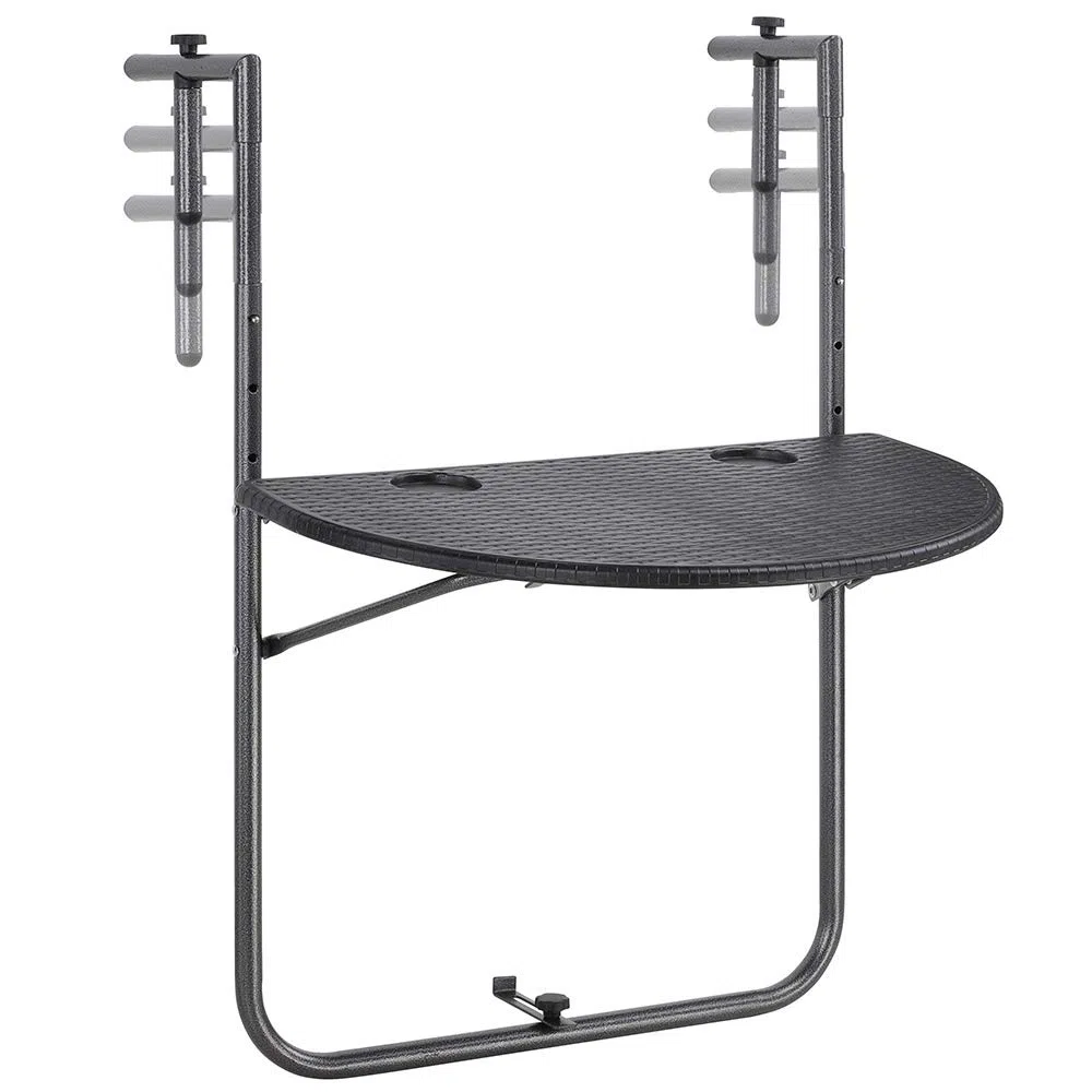 BAKAJI Tavolo Pieghevole da Ringhiera Esterno Balcone Altezza Regolabile Metallo Polyrattan Portabicchieri 60x64cm Nero