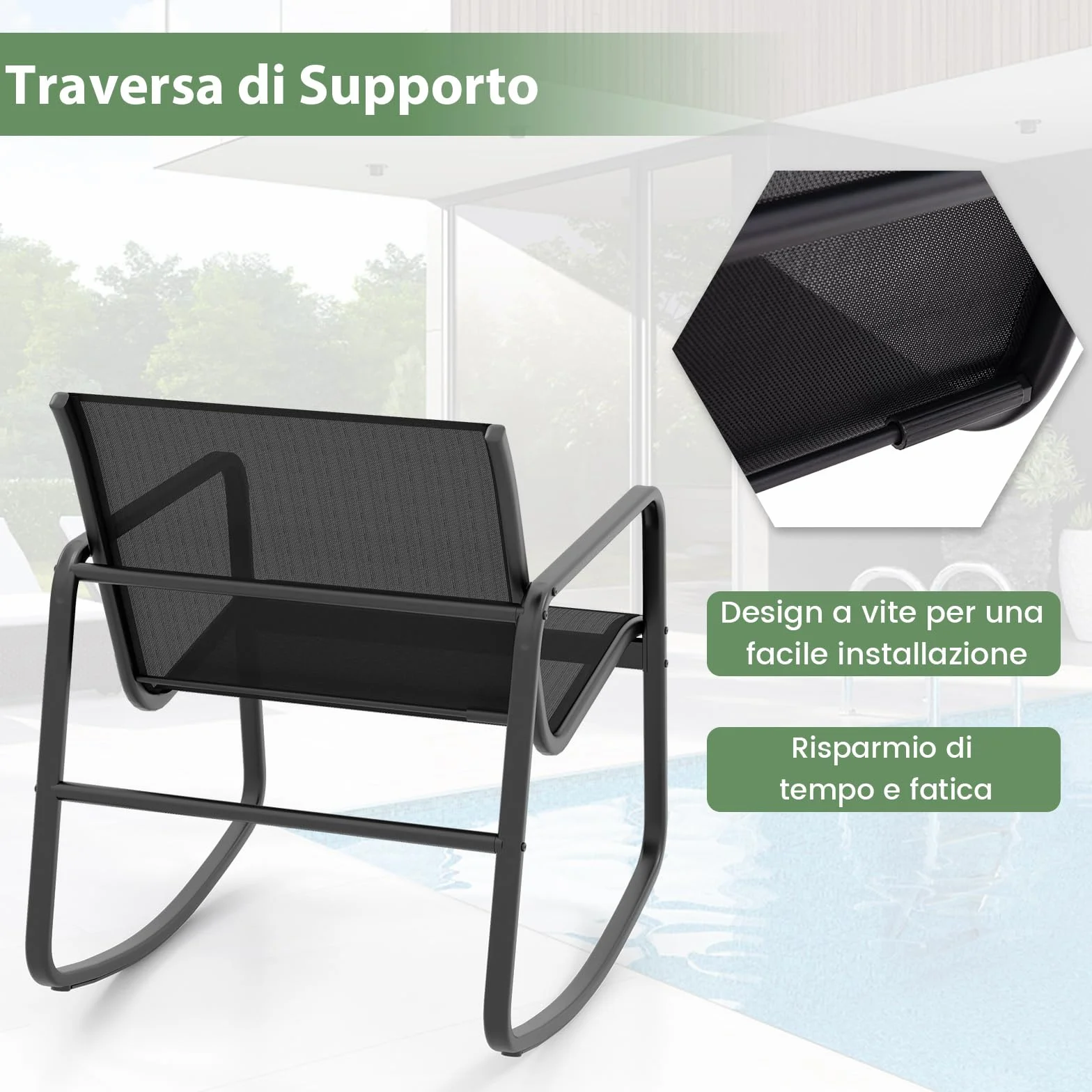 COSTWAY Set Bistrò 3 Pezzi, Sedie a Dondolo Ergonomiche Textilene, Tavolino Vetro Temperato, Struttura Metallo, Nero