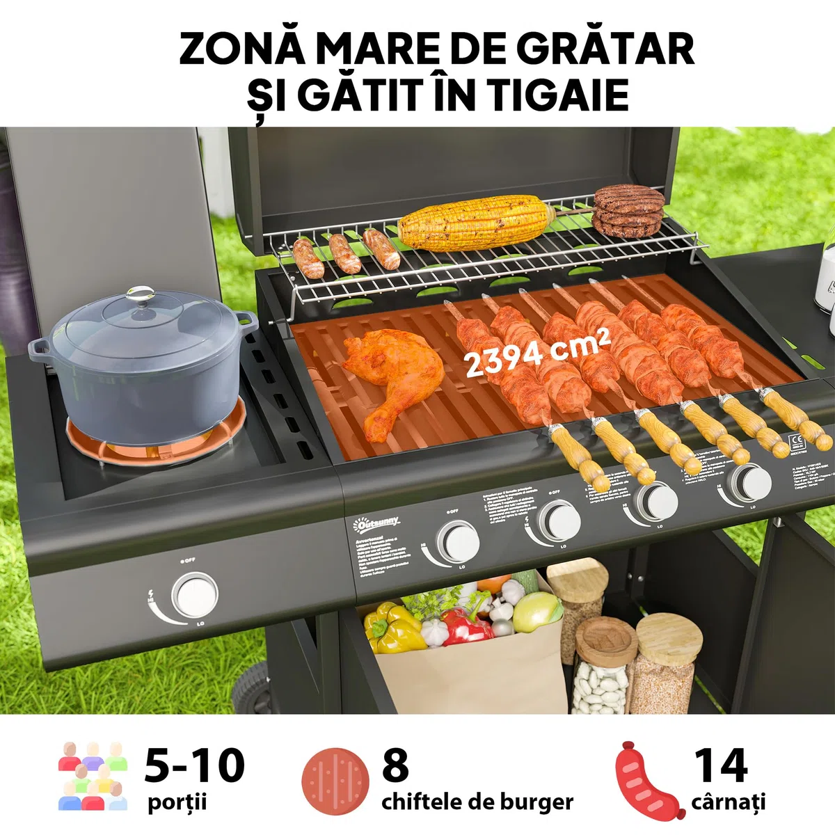 Outsunny Barbecue a Gas 4+1 Bruciatori 15.2 KW Acciaio PP con Ruote Armadietto Termometro Nero
