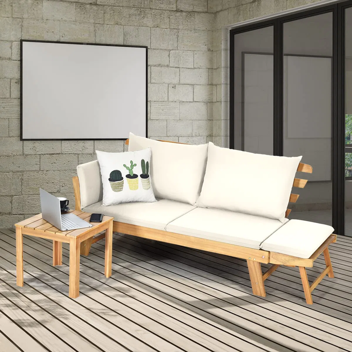 COSTWAY Divano Esterno a 2 Posti, in Legno di Acacia, Lettino Giardino con Braccioli Regolabili, Sdraio da Giardino con Cuscini, Chaise Longue per Giardino, Piscina, Cortile (Bianco)