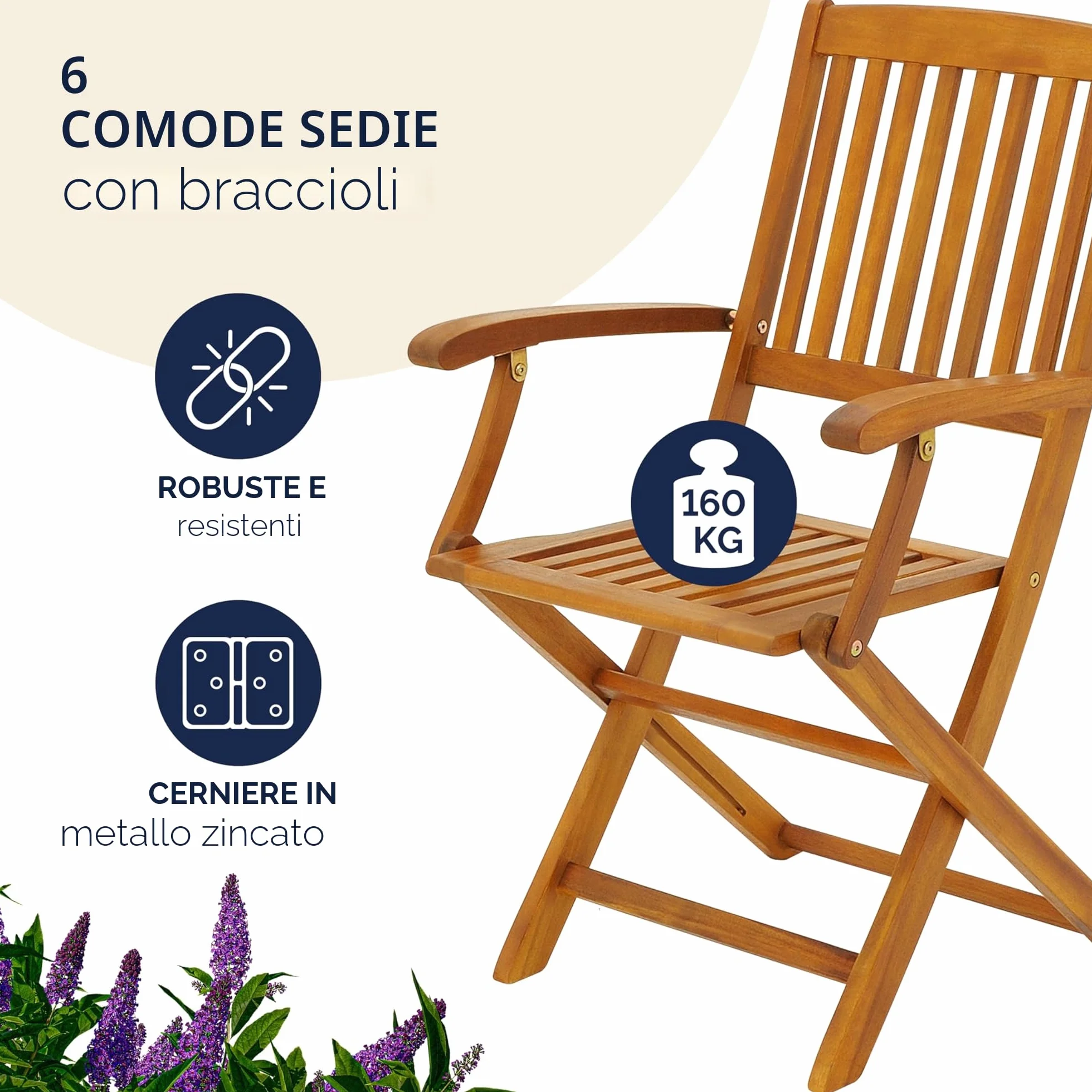 Casaria Set 1 Tavolo 6 Sedie da Giardino 160x85 cm Legno di Acacia Pieghevole Salvaspazio con Foro Ombrellone 7 Pezzi