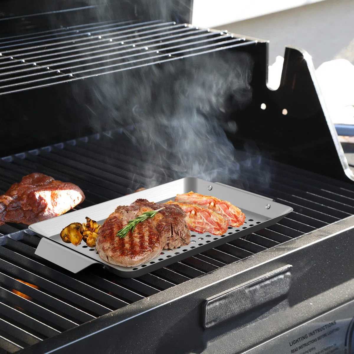 Onlyfire Set di 3 Pezzi Mini Rettangolo Griglie e Cestello Universale in Acciaio Inossidabile，per Verdure,per Barbecue a Carbonella, a Gas e Altri（32cm×18.5cm×1.7cm）