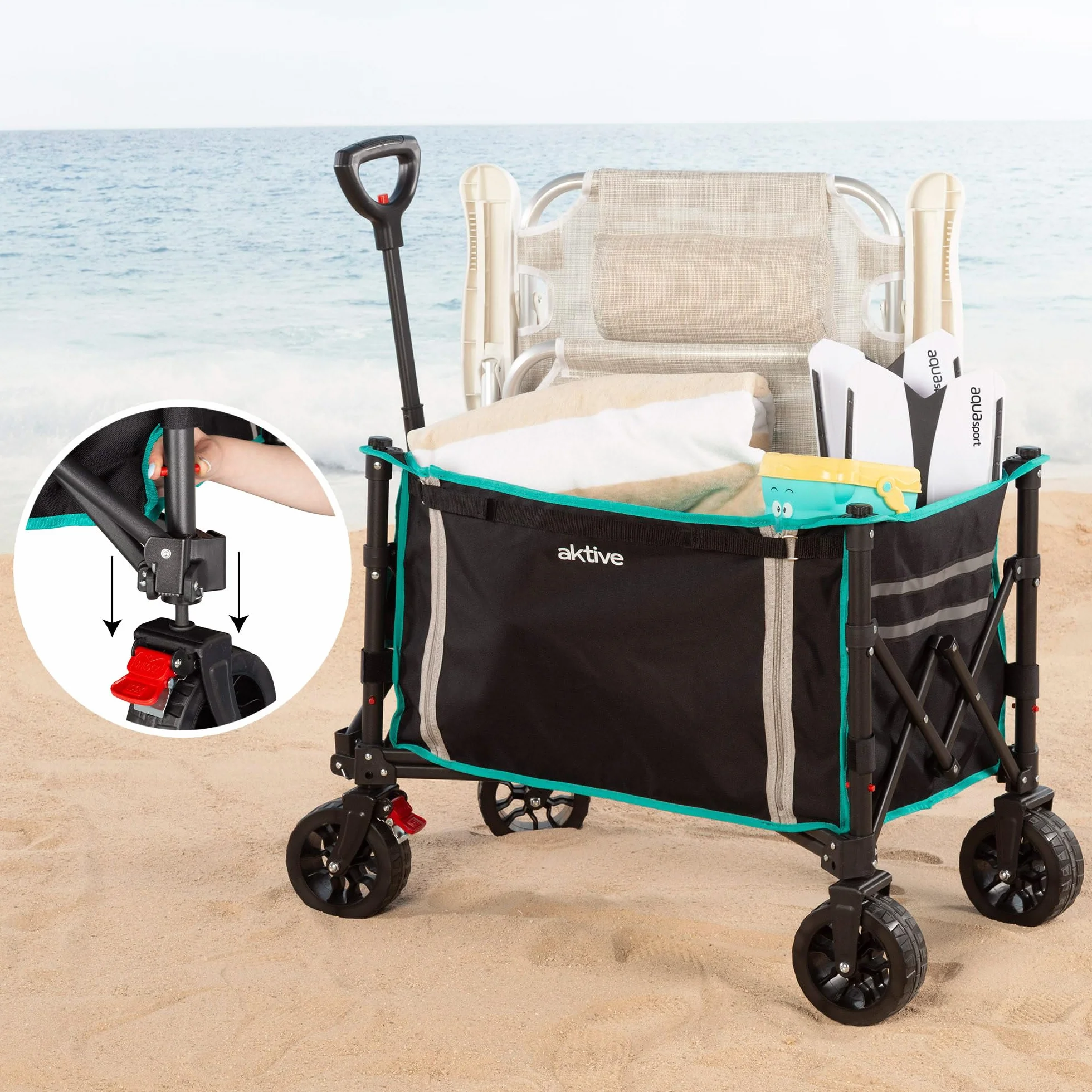 AKTIVE Carrello pieghevole da spiaggia ruote fuoristrada 60 kg acciaio poliestere 70x45x95 cm