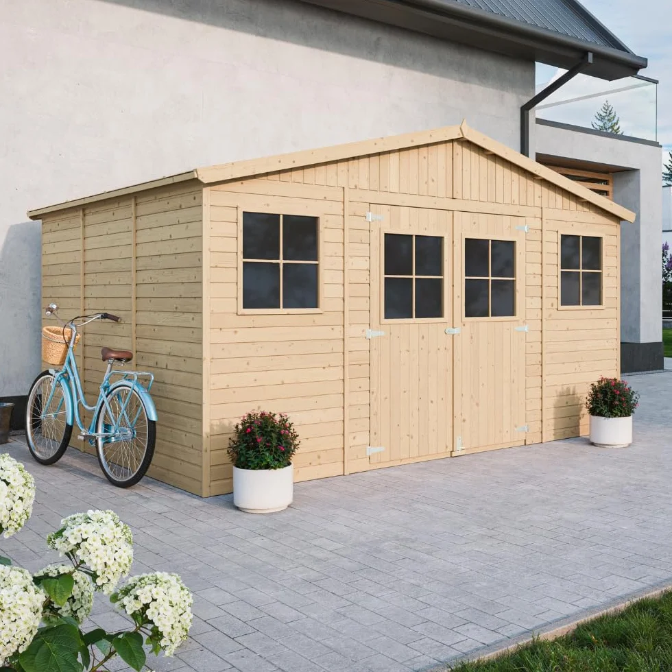 Casa da giardino in legno naturale A246x418x320 cm/12 m²- Magazzino esterno con finestre - Capanno da giardino - Bici, Deposito attrezzi e rimessa TIMBELA M331