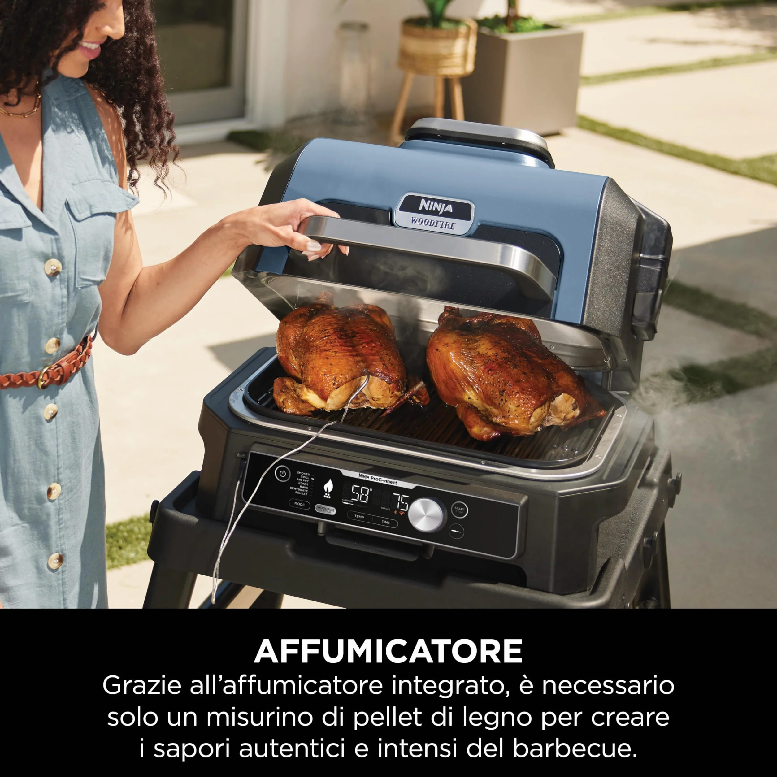 Ninja Woodfire Pro Connect XL Barbecue Elettrico 7 in 1 Griglia Affumicatore Friggitrice ad Aria Controllo App Blu/Nero