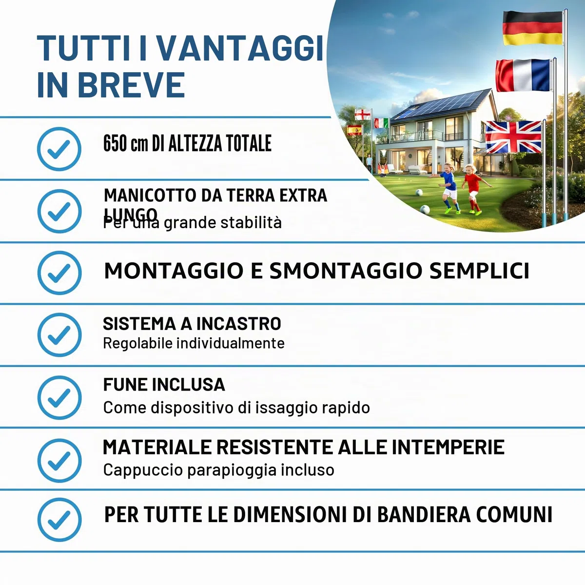 MONZANA Set Montaggio Bandiera Asta Alluminio 6,5 m con Fune Moschettone Gancio Regolabile