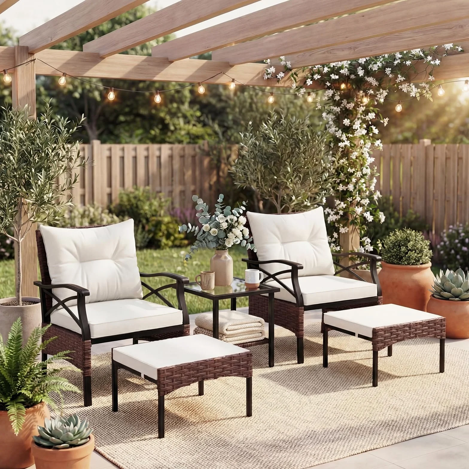 GIANTEX Set da Giardino in Rattan per 2 Persone con Poltrone e Sgabello